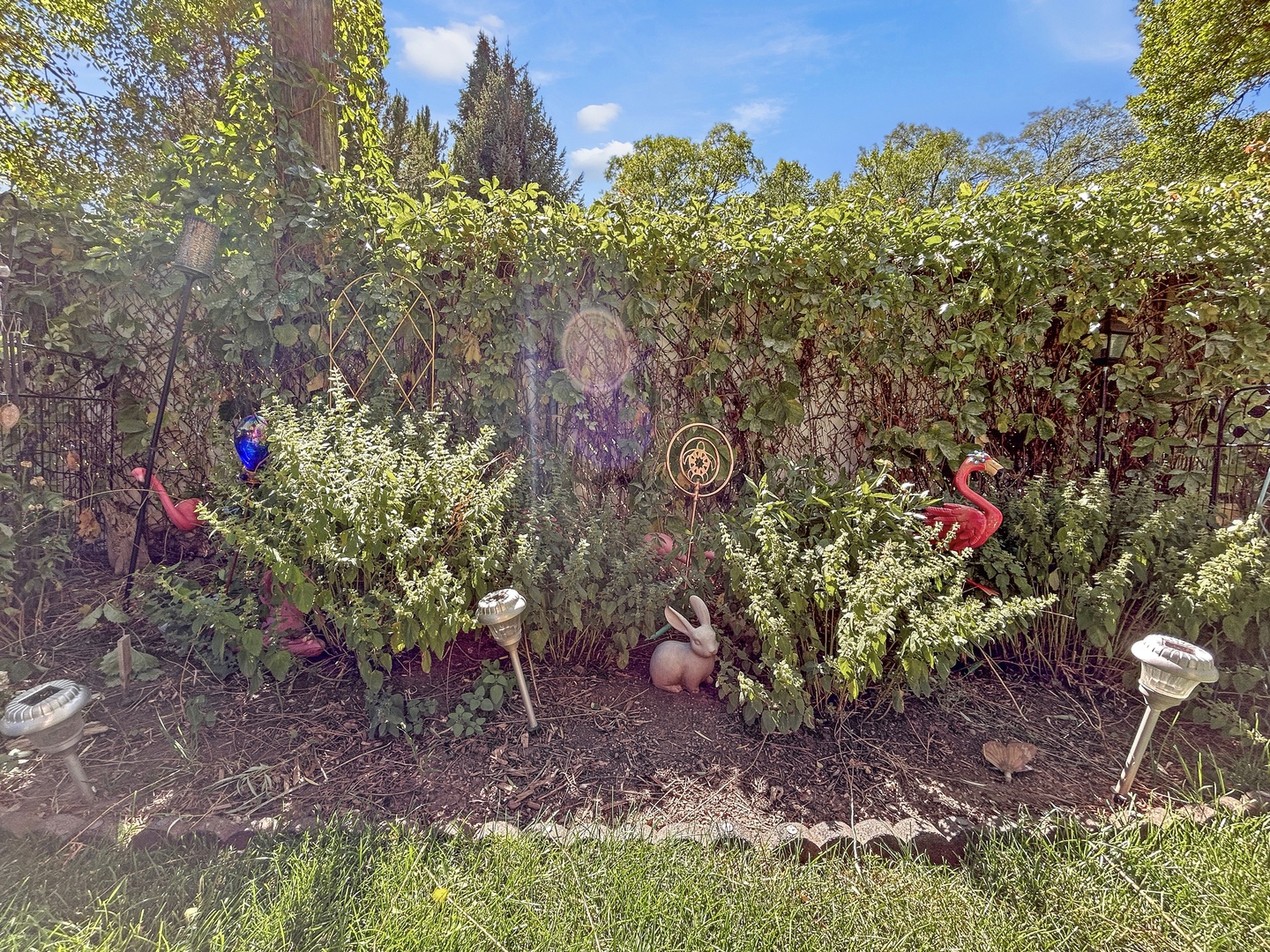 Enjoy the charm of the backyard, complete with a garden flamingo