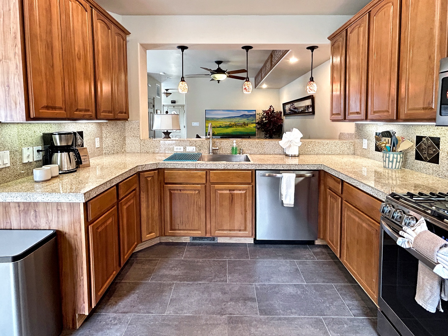 Fully equipped kitchen with modern appliances.