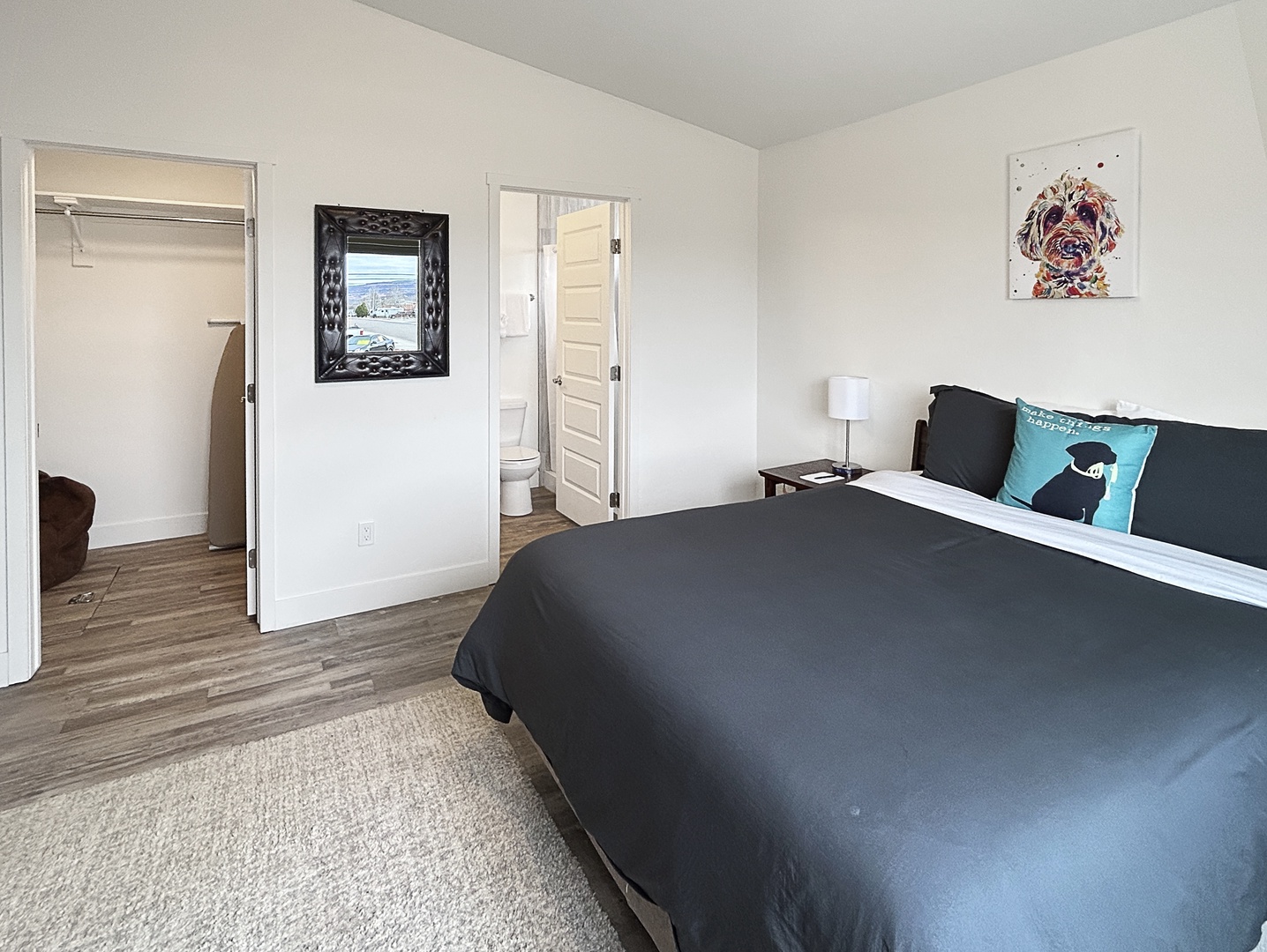 Queen bed and private full bathroom