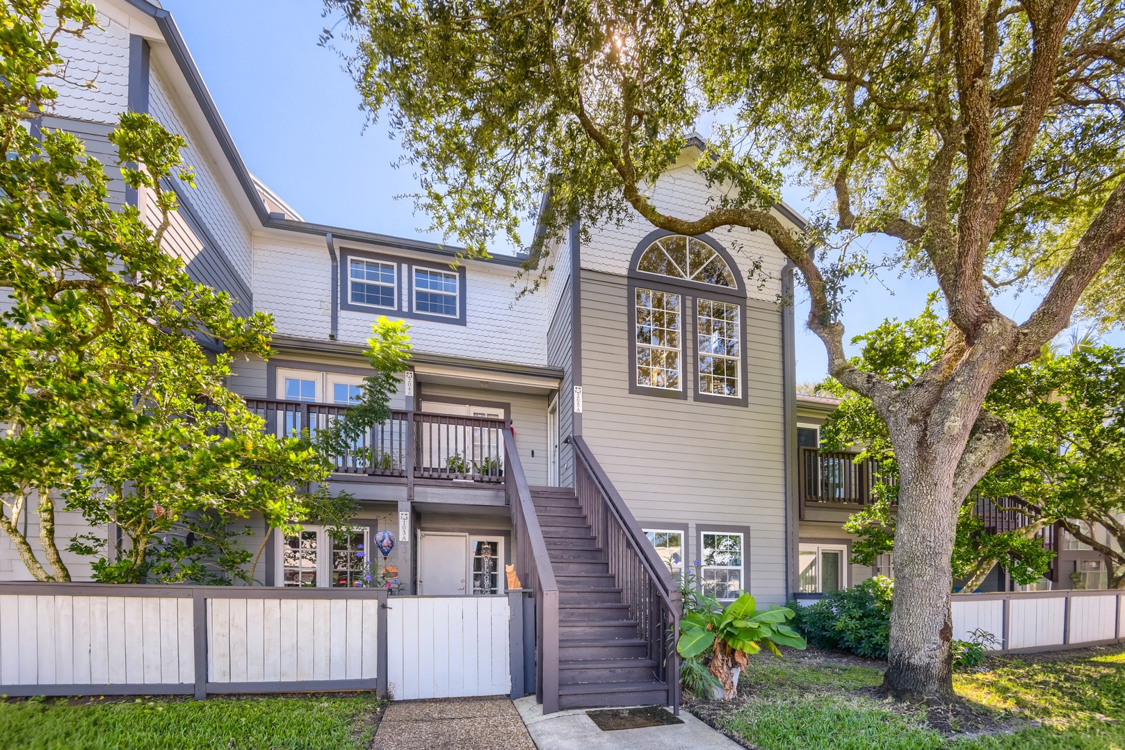 Charming gray townhome framed by a sprawling live oak tree