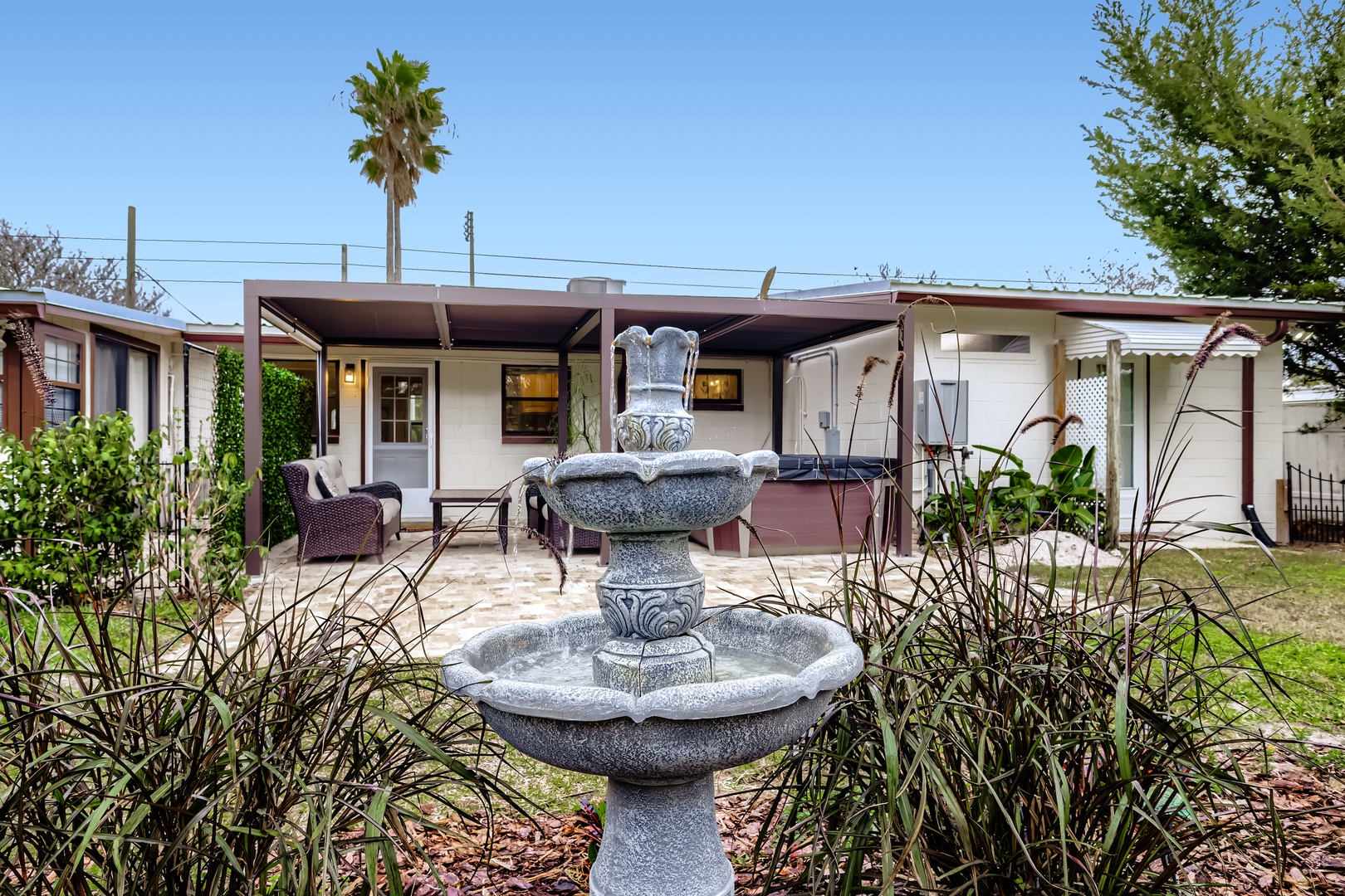 Tranquil fountain, outdoor oasis awaits