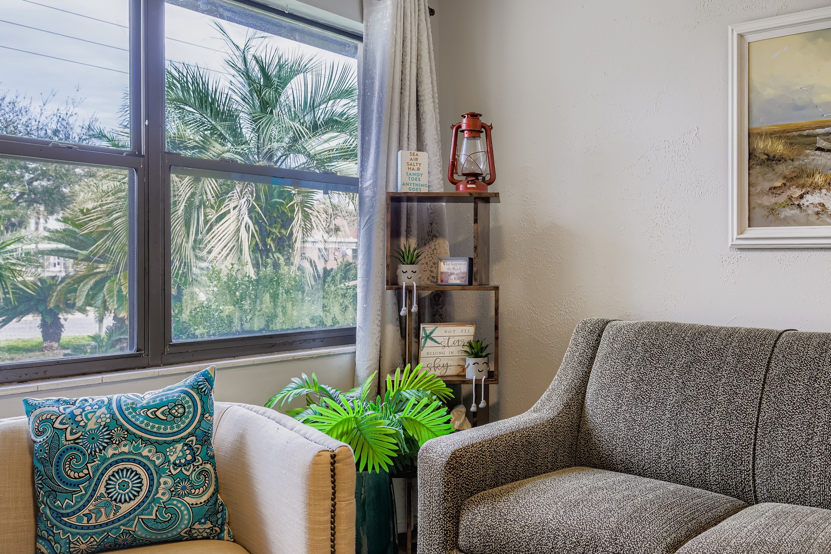 Tropical palms sway outside.