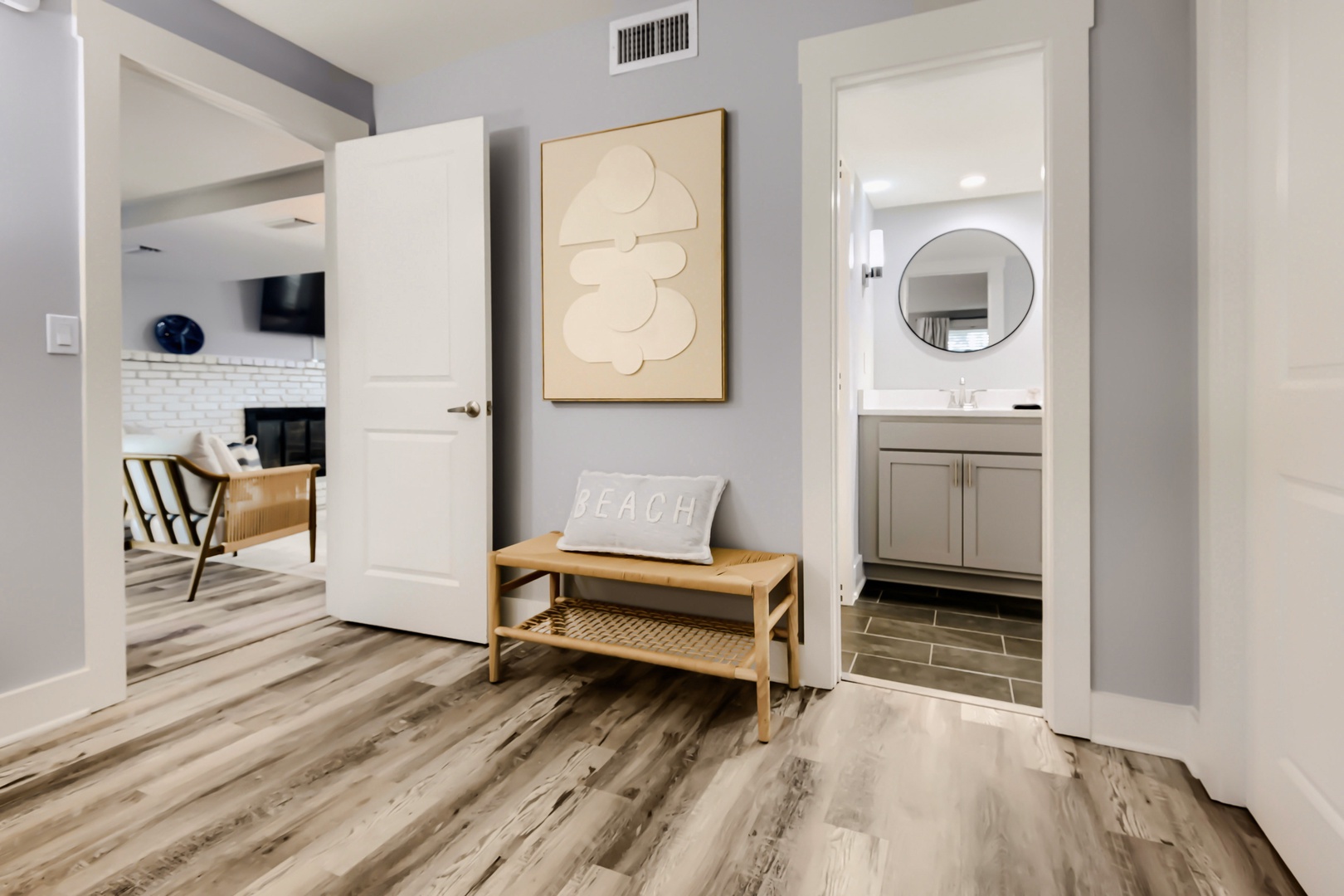 Cozy living spaces and spa-like bathroom.