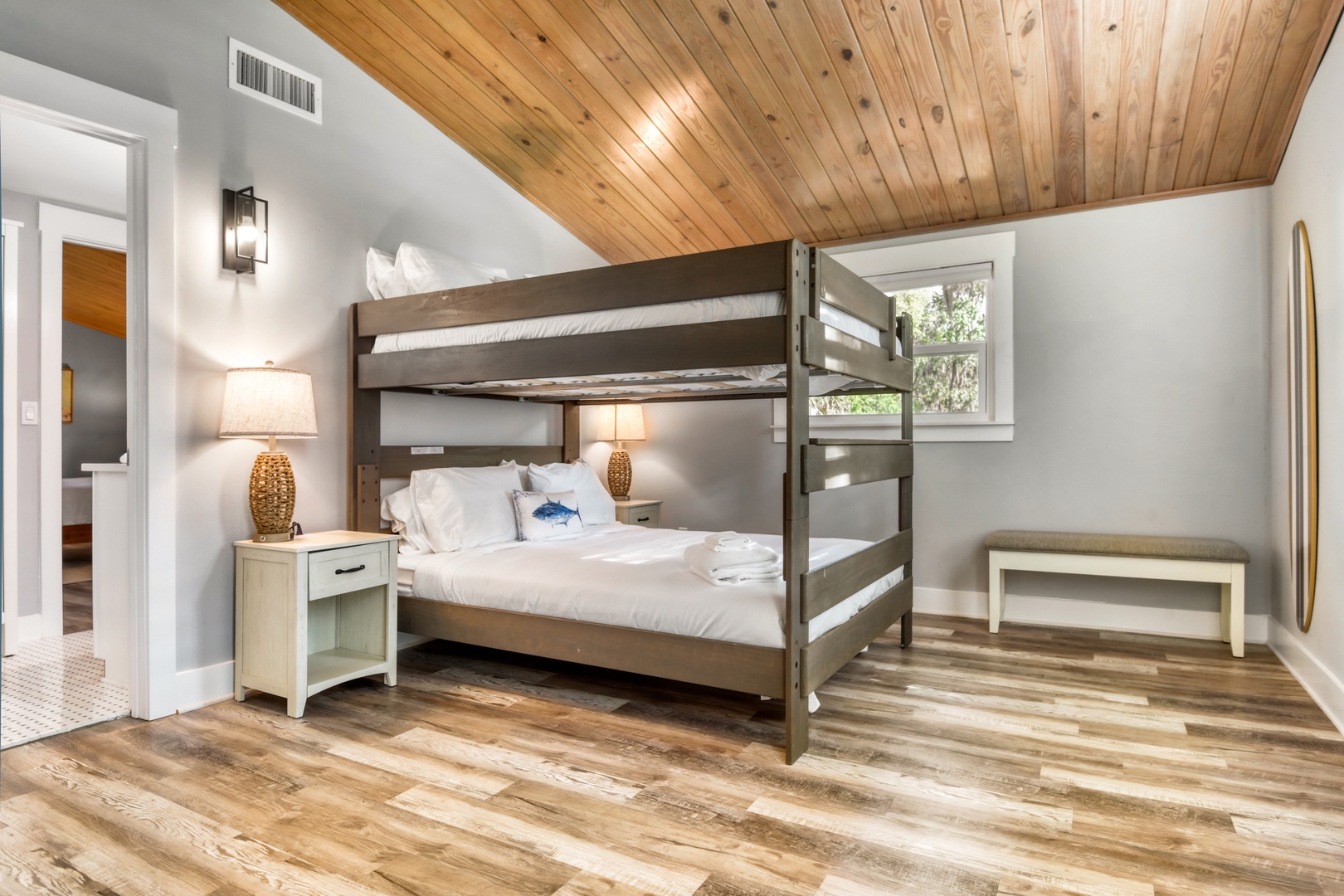 Queen Bunk Bedroom with Warm Wood Ceilings