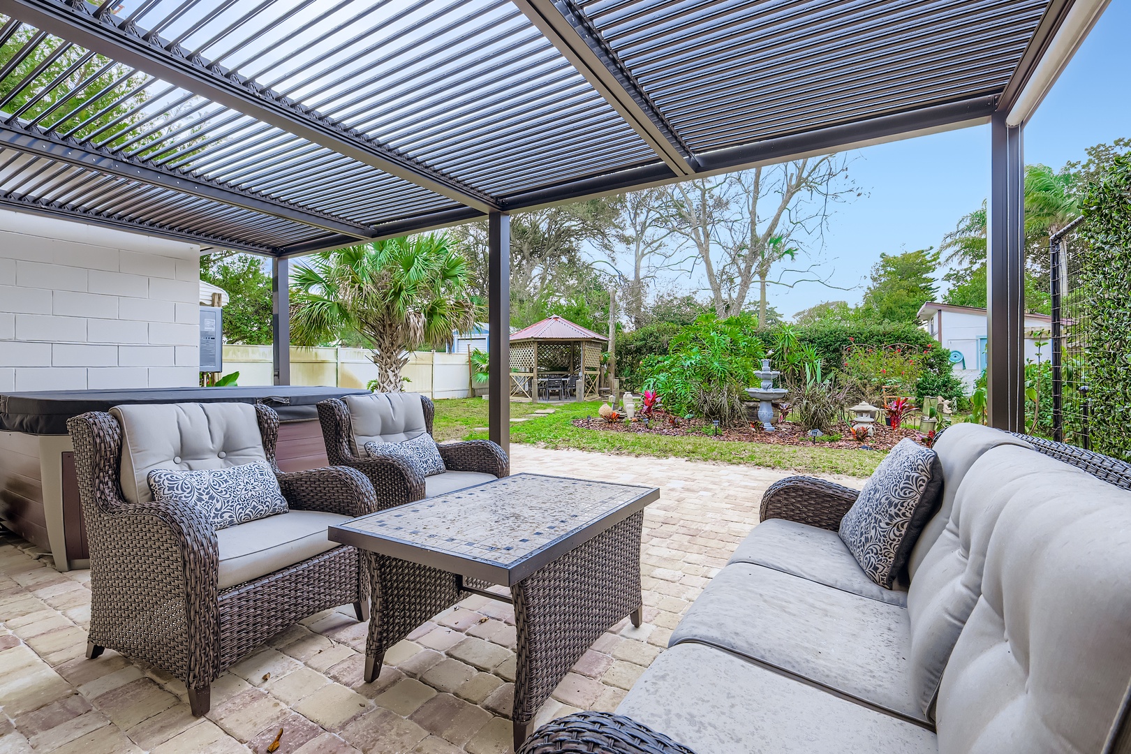 Plush seating and garden views.