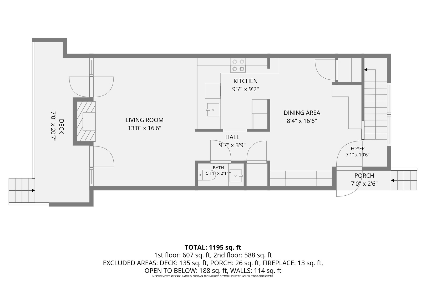 First floor plan: living room, kitchen, dining area, half bath and deck