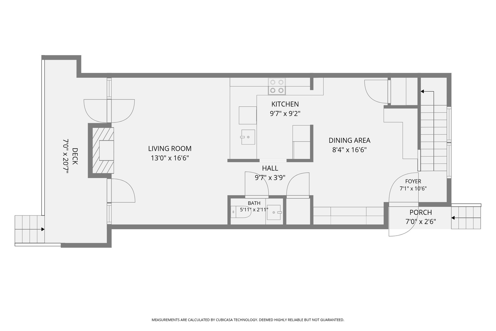 Main level layout with living room, kitchen, dining area and deck