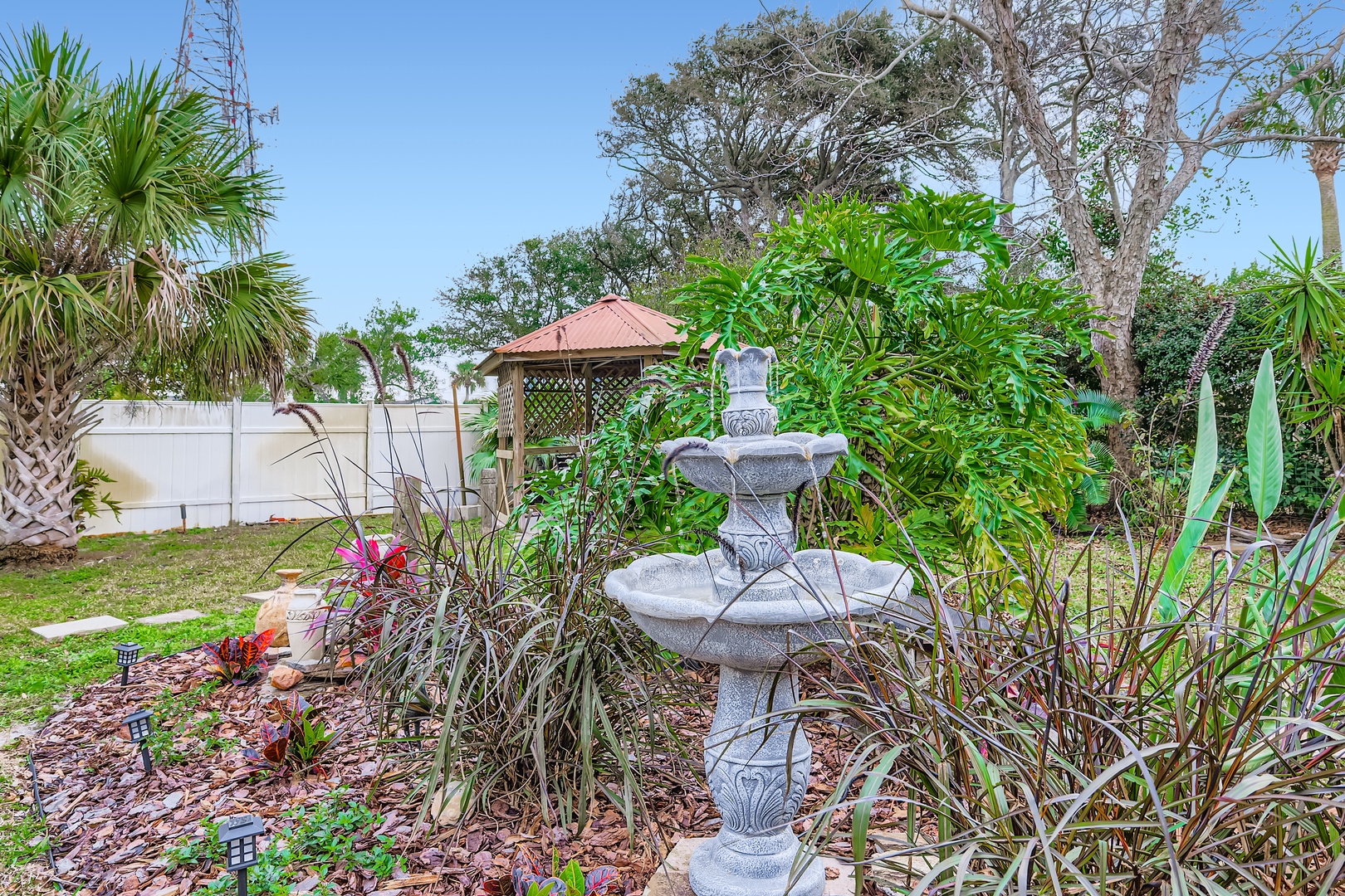 Fountain centerpiece, peaceful outdoor escape.