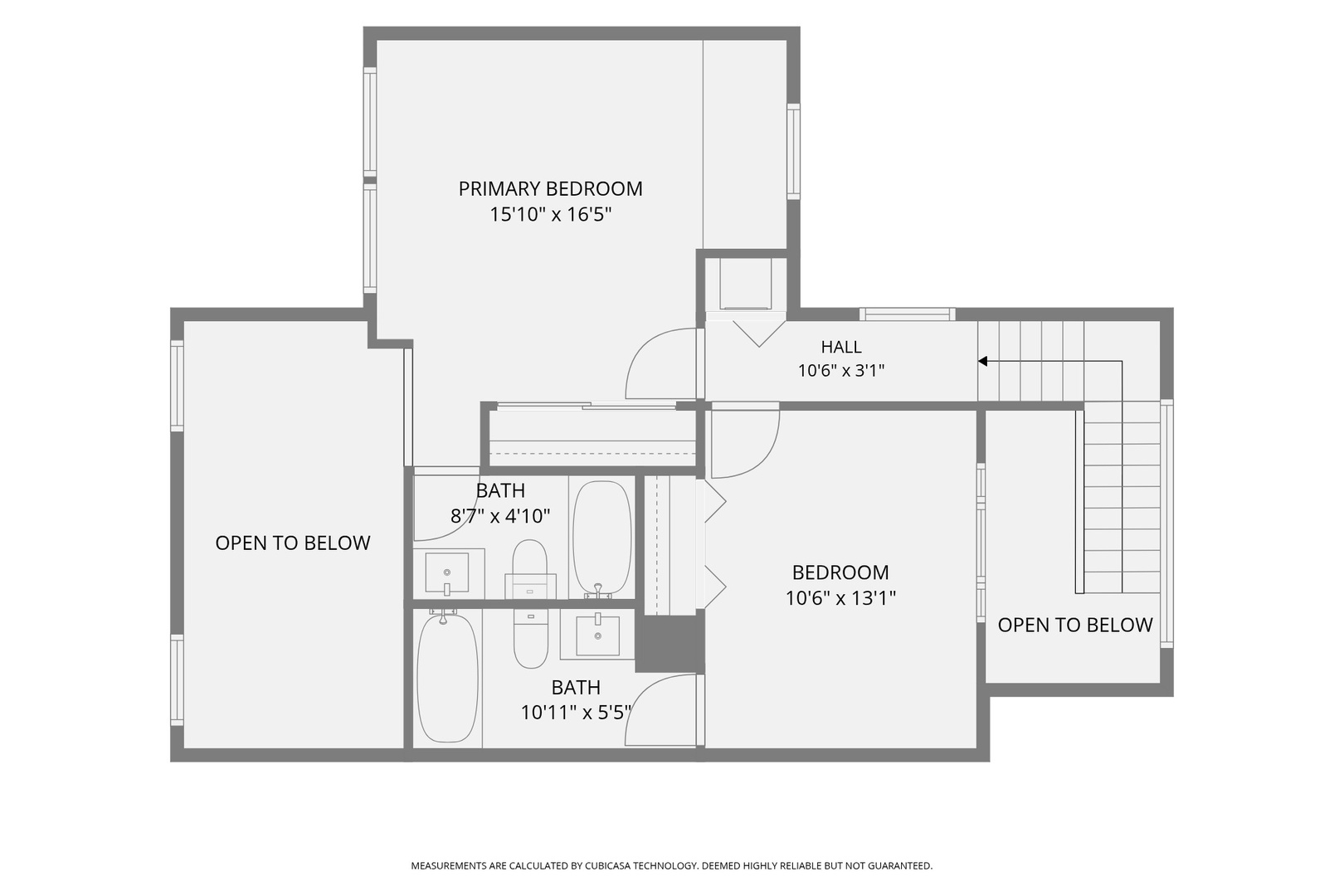 Upper level layout with two bedrooms and two bathrooms
