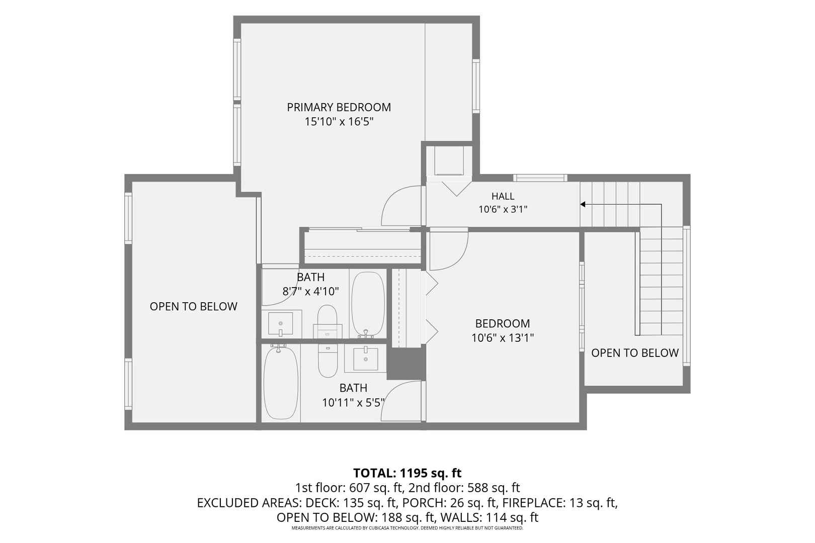 Second floor plan: primary bedroom, second bedroom and two baths
