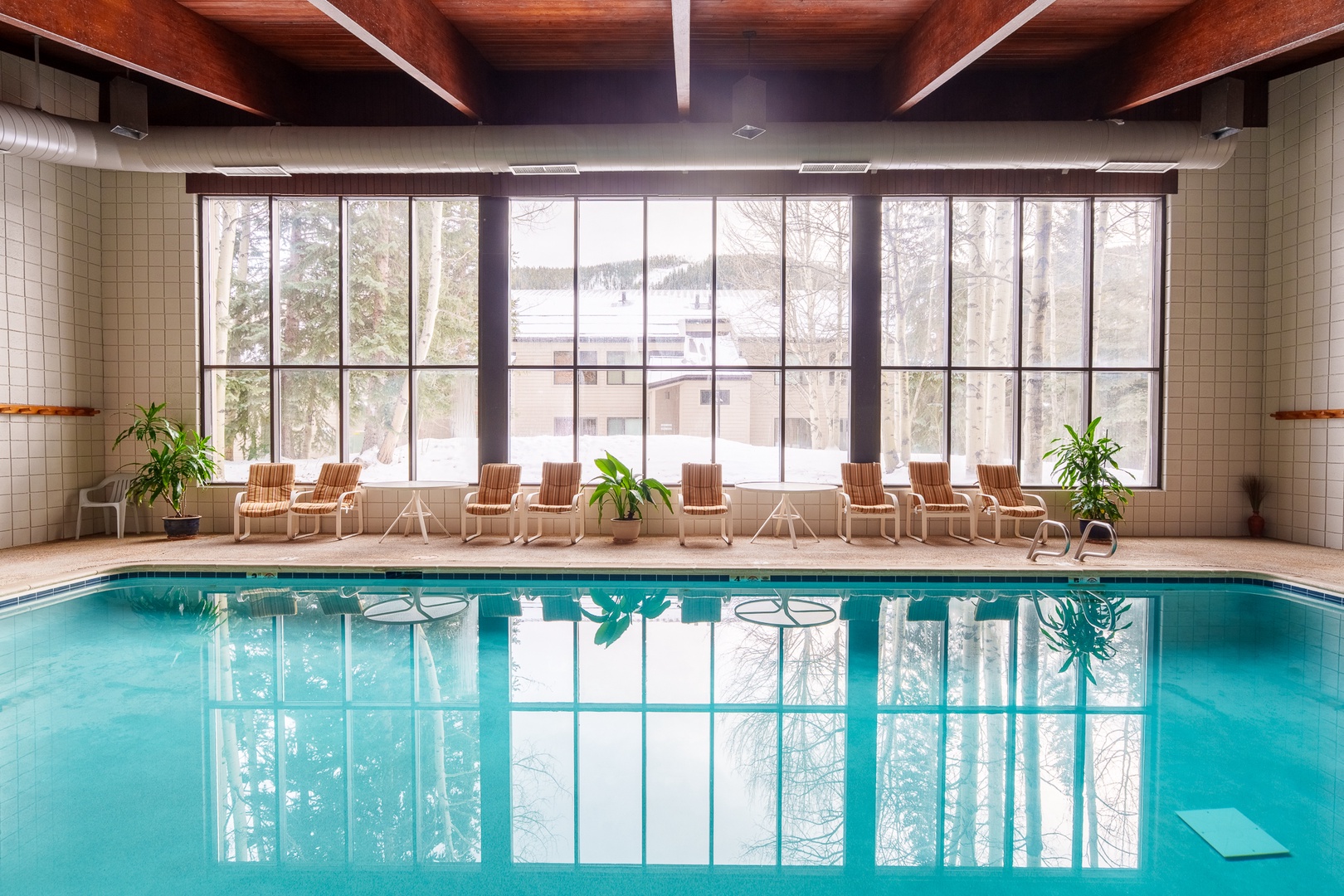 Dive into crystal-clear waters in the community indoor pool, surrounded by warm wood and winter views through floor-to-ceiling windows.