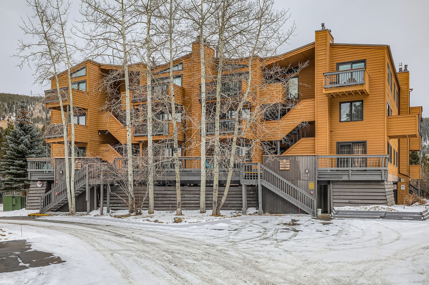 Multi-level vacation rental building with warm wood siding and mountain backdrop during winter season.