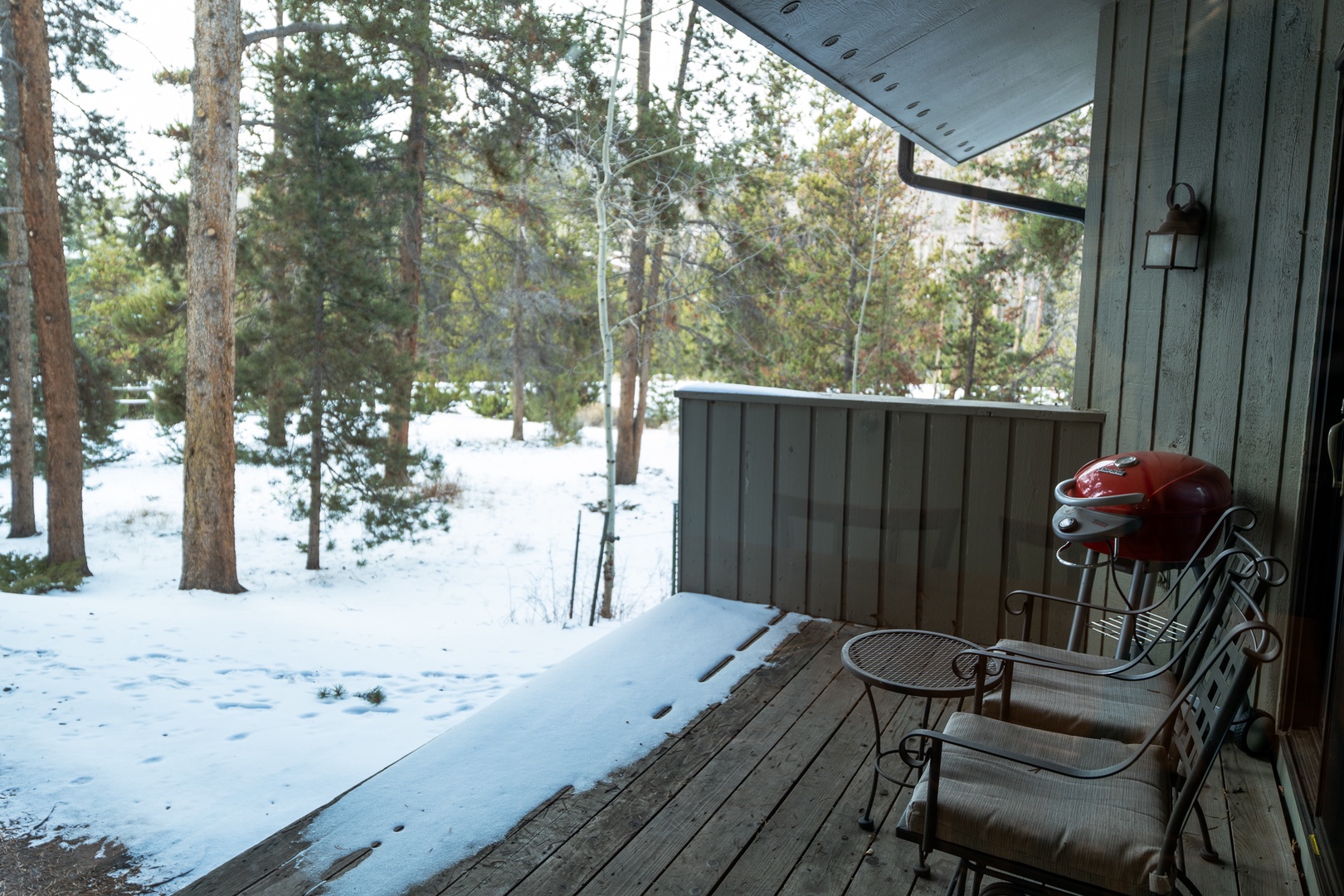 Step onto your private deck to enjoy peaceful winter forest views, complete with outdoor seating and a convenient BBQ grill for year-round entertaining.