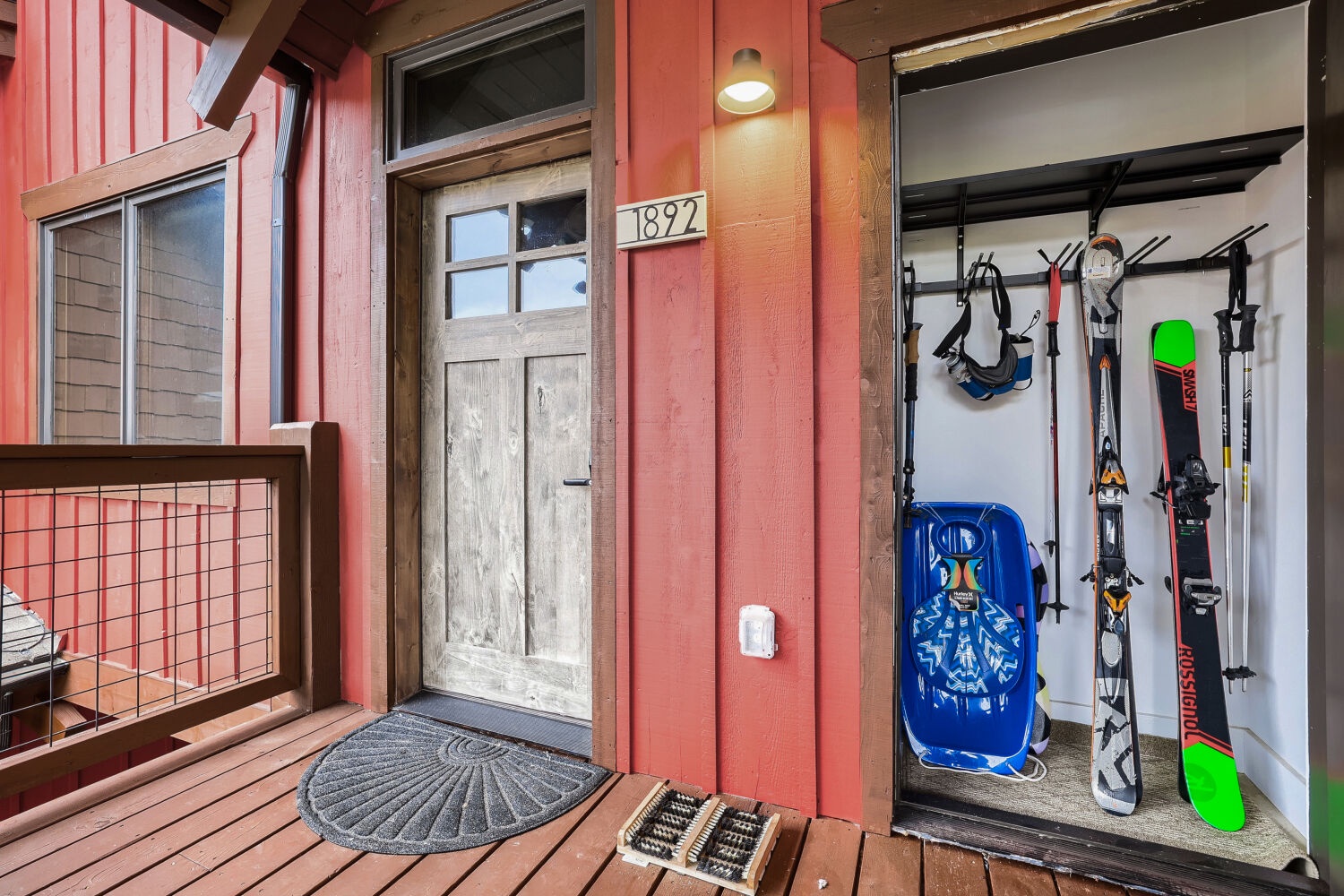 Your winter adventure starts here at unit 1892, where gear storage waits just outside your door—skis, sleds, and everything you need for the slopes, tucked neatly away and ready for tomorrow's run.
