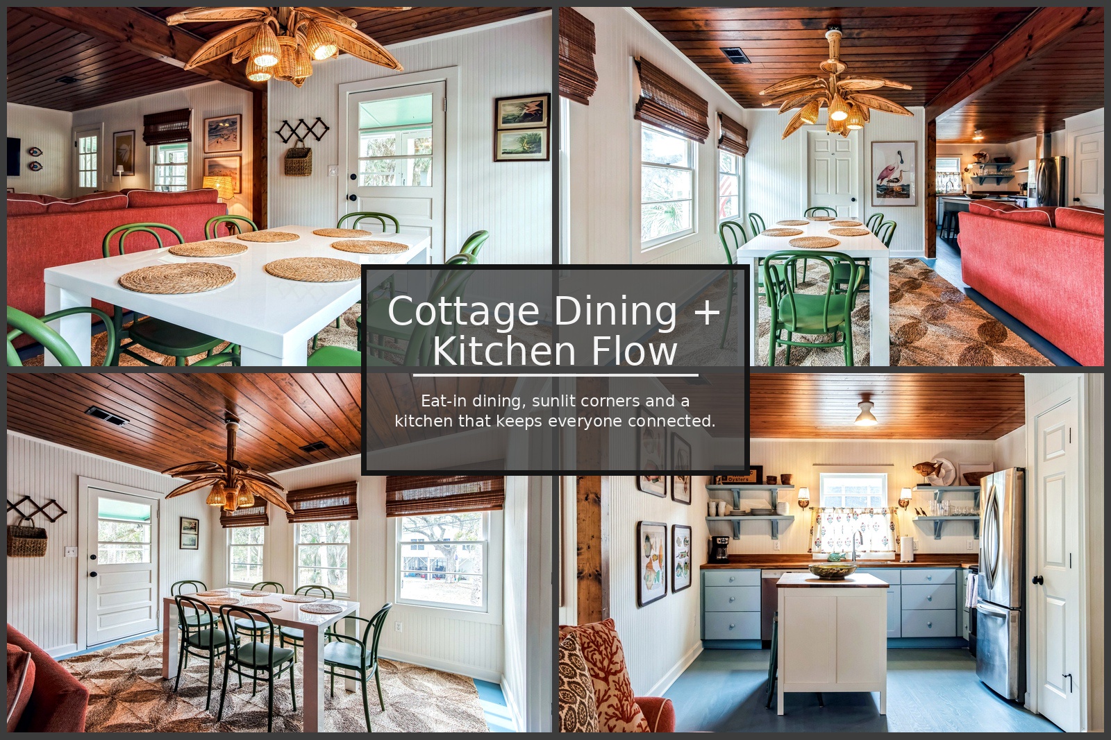 Gather around your spacious kitchen island or sunny dining nook, where bamboo pendant lights and exposed beams create cottage charm.