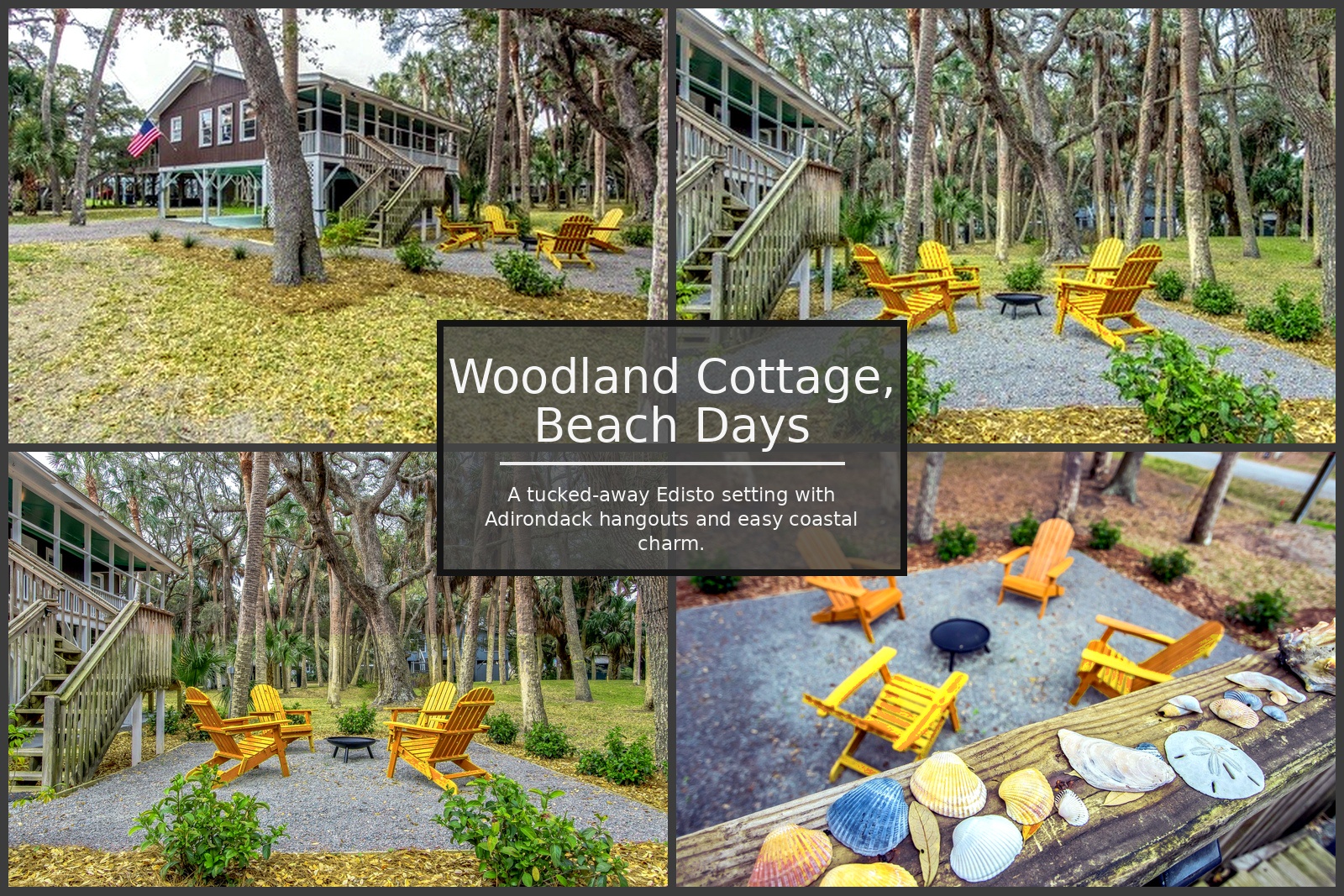 Charming woodland cottage with bright Adirondack chairs and peaceful forest setting for your coastal escape.