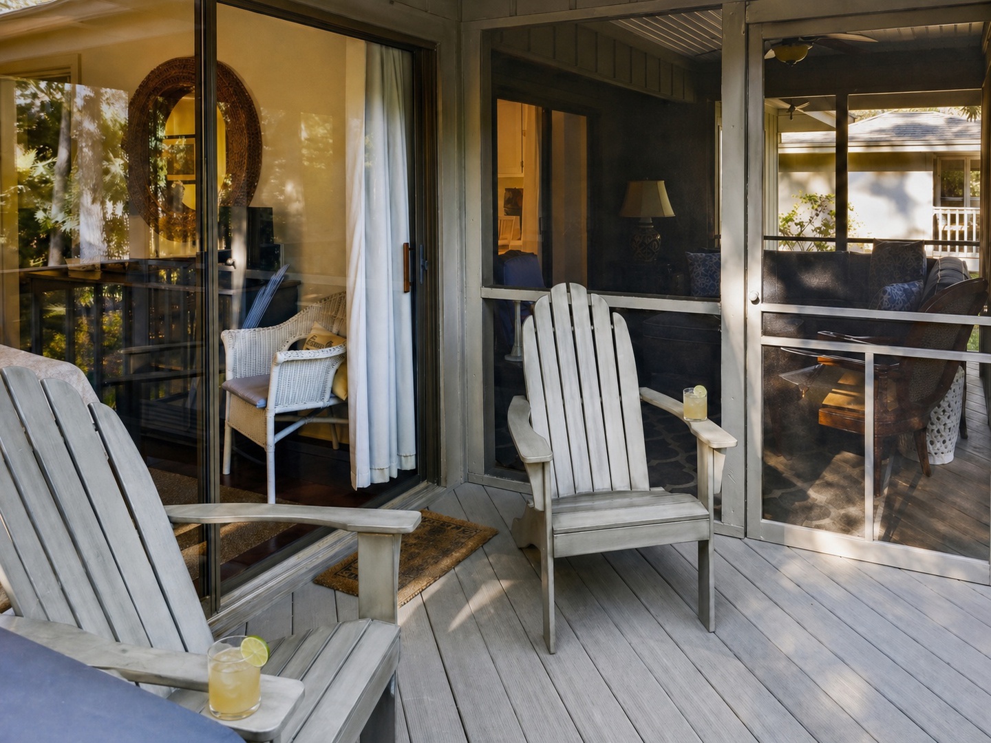 Sink into weathered Adirondack chairs on your private deck, where morning coffee tastes better with filtered sunlight through the screens.
