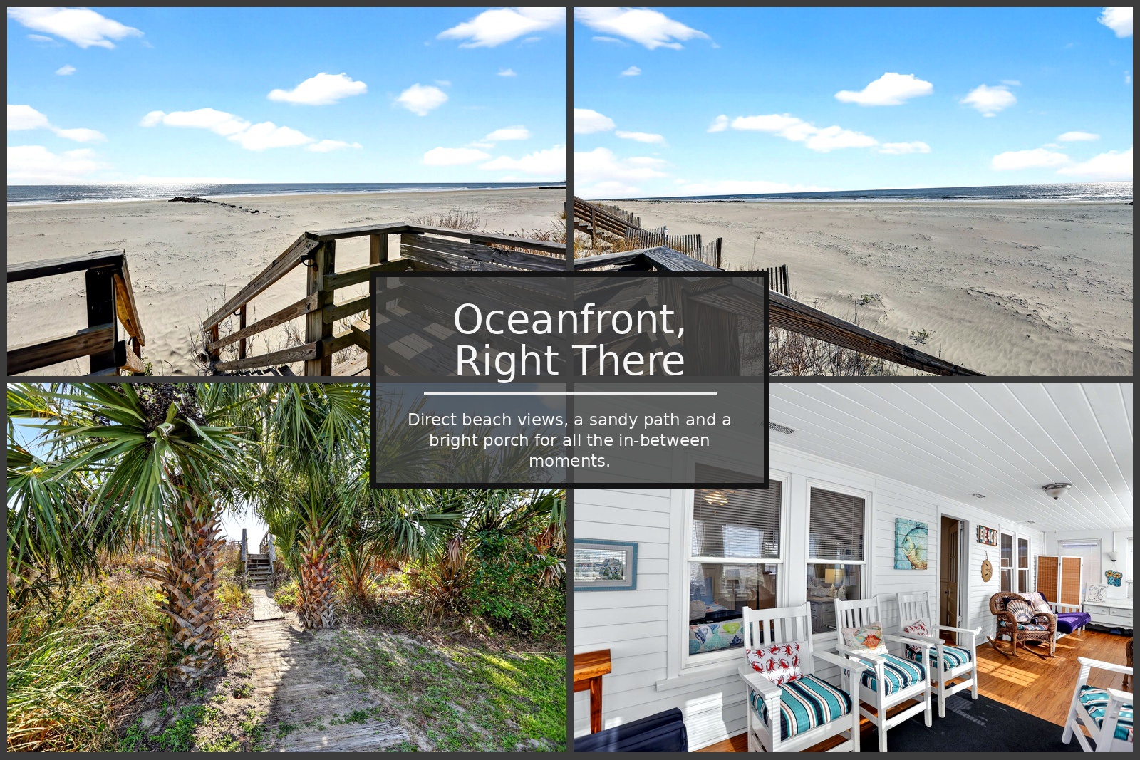 Oceanfront sandy beach stretches endlessly beyond wooden beach access stairs, with tropical palm landscaping leading to the coastal retreat.