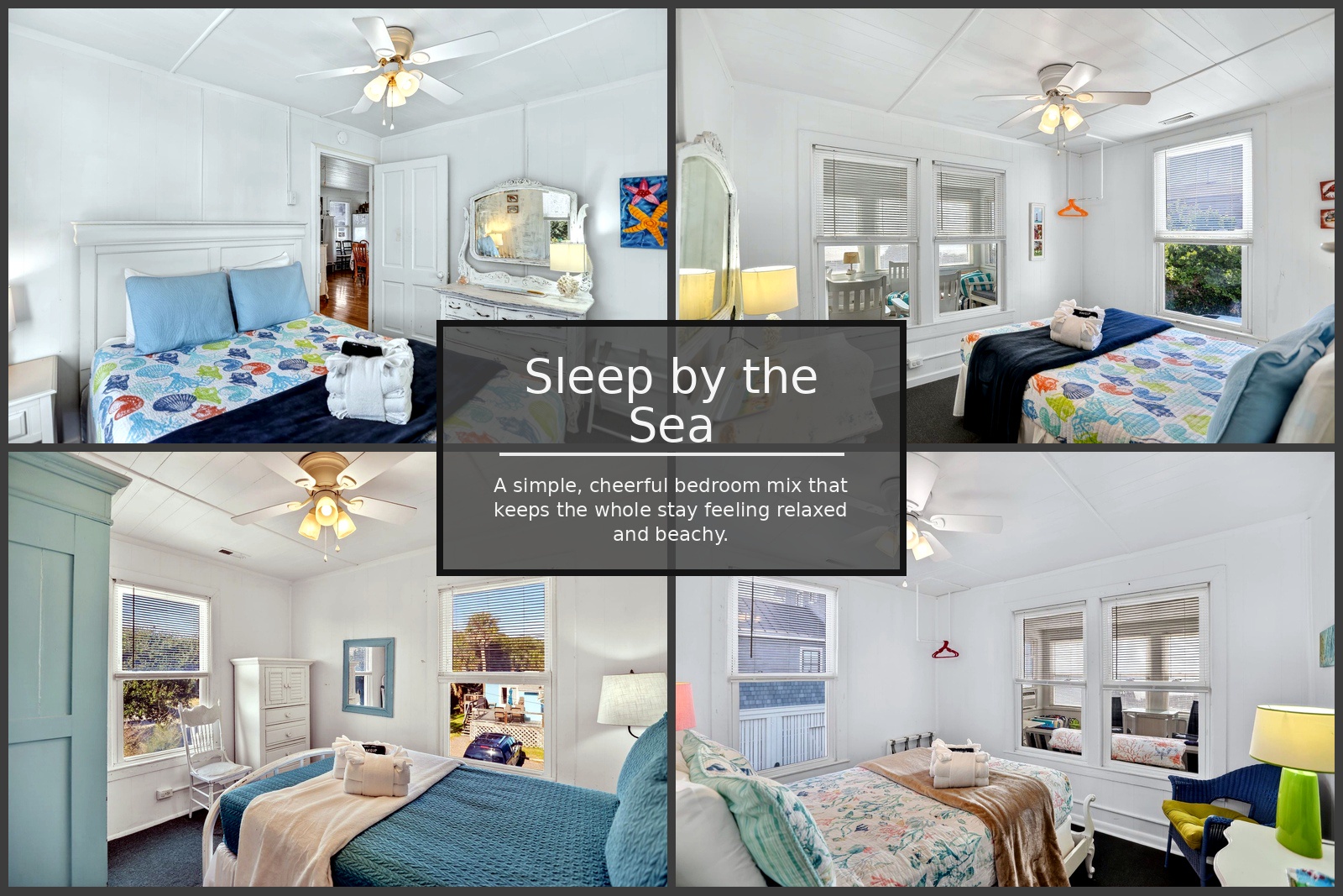 Rest peacefully in these bright, cheerful bedrooms with comfortable linens and coastal charm perfect for your beach getaway.