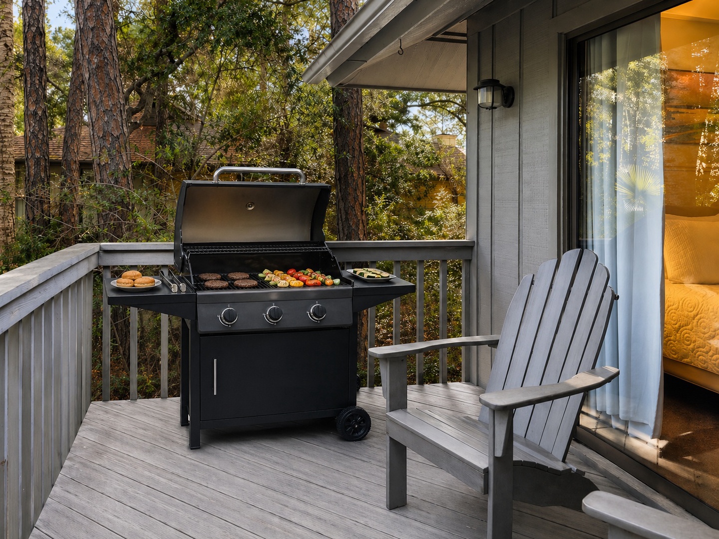 Fire up your private grill on this peaceful deck surrounded by towering trees, where evening cookouts become memorable moments.