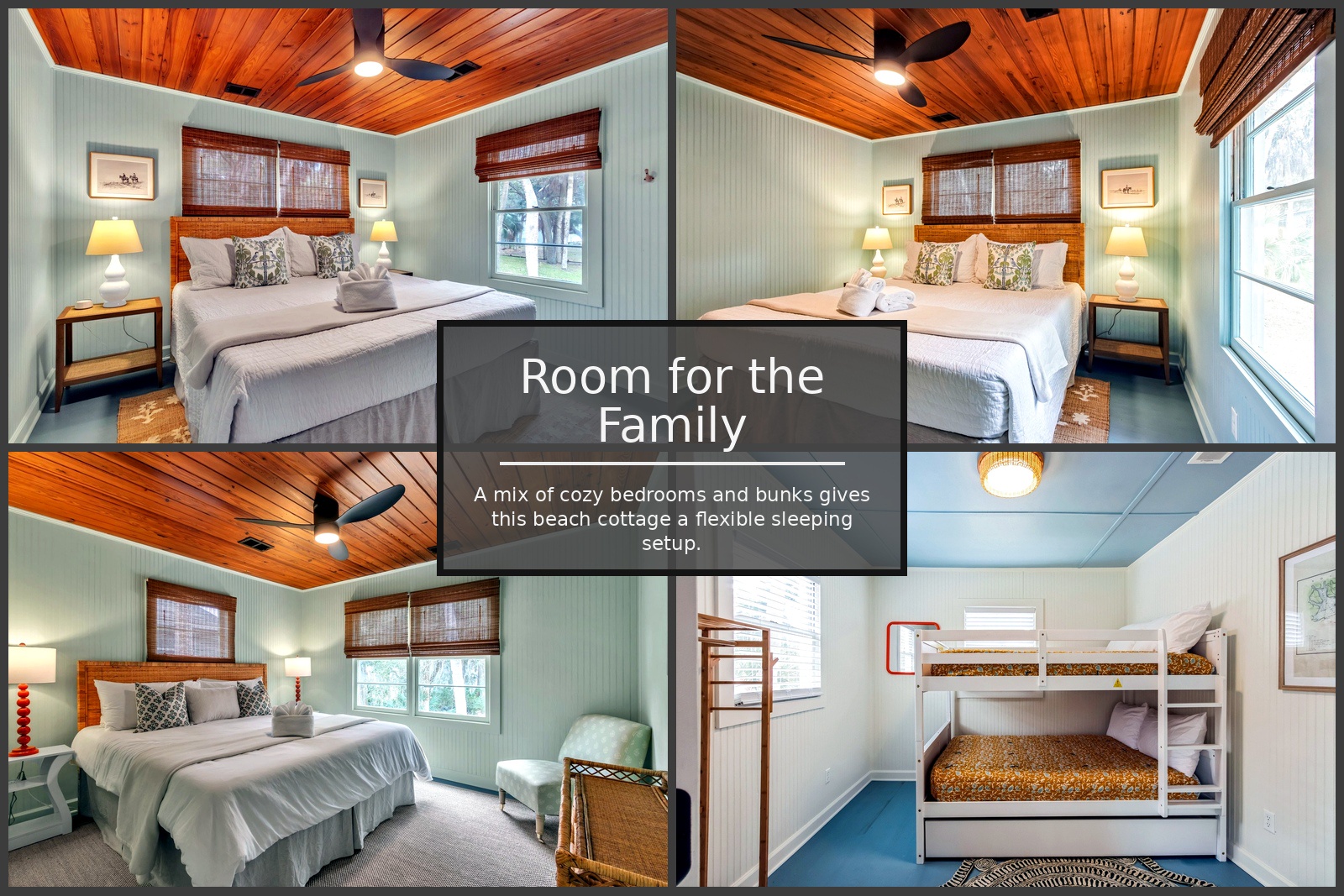 Cozy bedrooms with warm wood ceilings create your perfect family retreat, offering flexible sleeping arrangements for everyone.