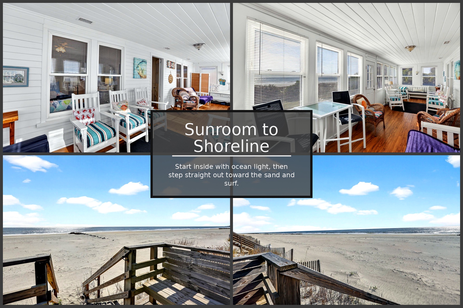 Sunlit sunroom connects you directly to pristine beachfront, with coastal breezes flowing through your bright, comfortable retreat.