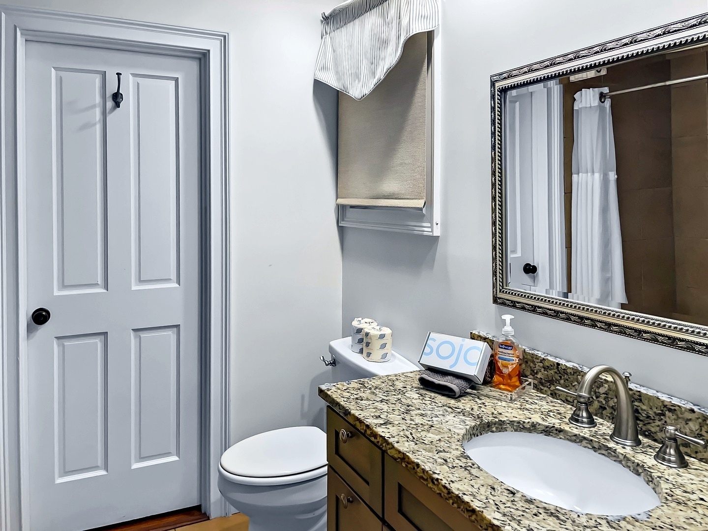 Your private bathroom features granite countertops, thoughtful amenities, and fresh towels for your comfort.