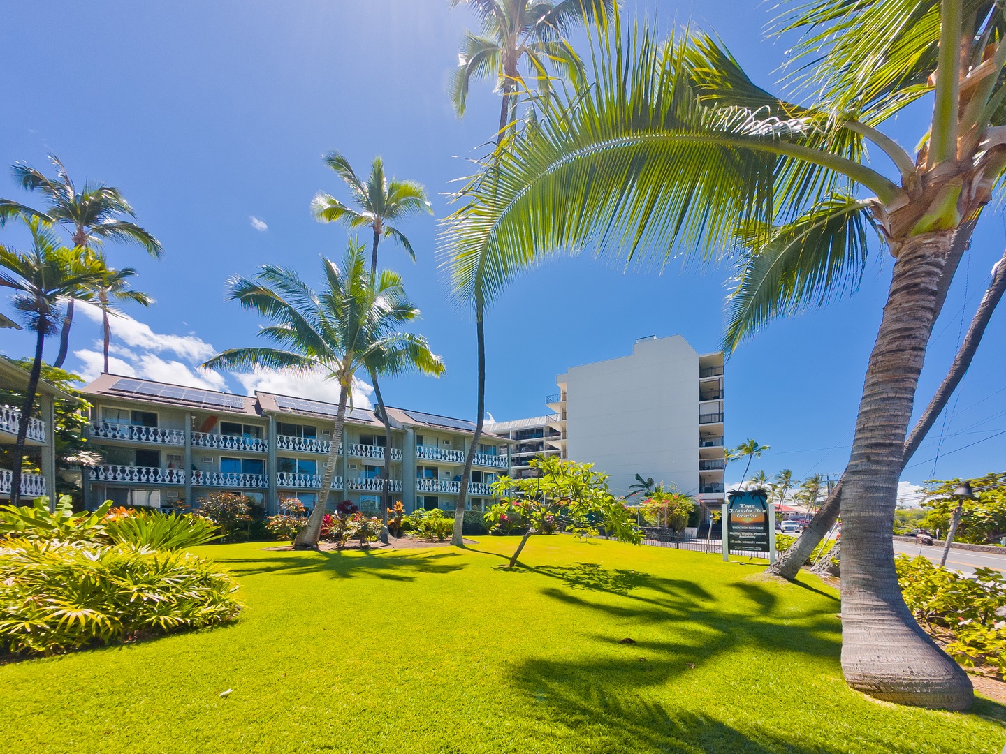 Resort property set in a tropical landscape with swaying palm trees, manicured lawns, and lush gardens under clear blue skies.