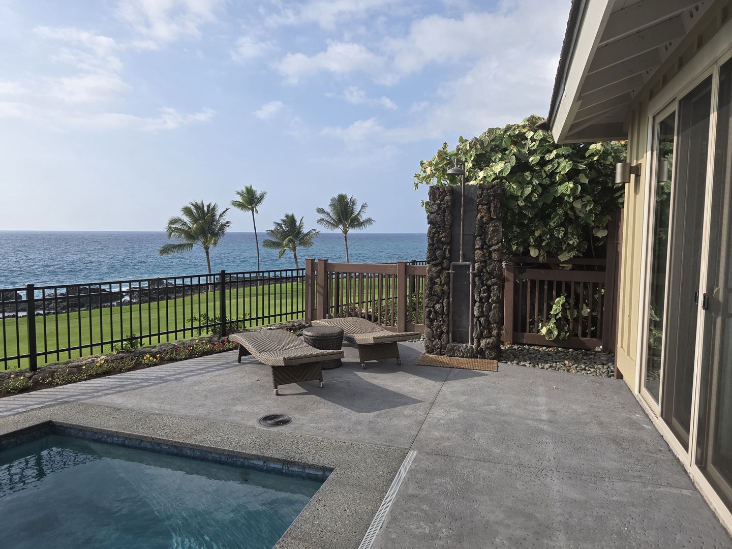 Soak up tropical bliss on your private terrace with pool, loungers, and stunning ocean views framed by swaying palms.