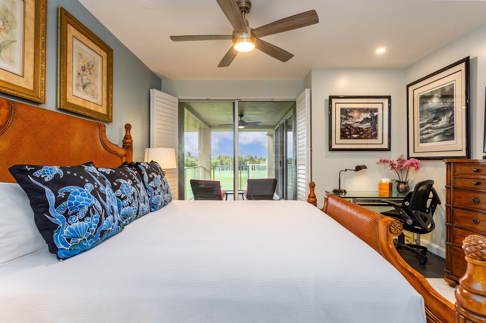Step into your serene retreat featuring a plush king bed, coastal-inspired décor, and your own private balcony overlooking lush golf greens and tranquil waters—your perfect escape awaits.