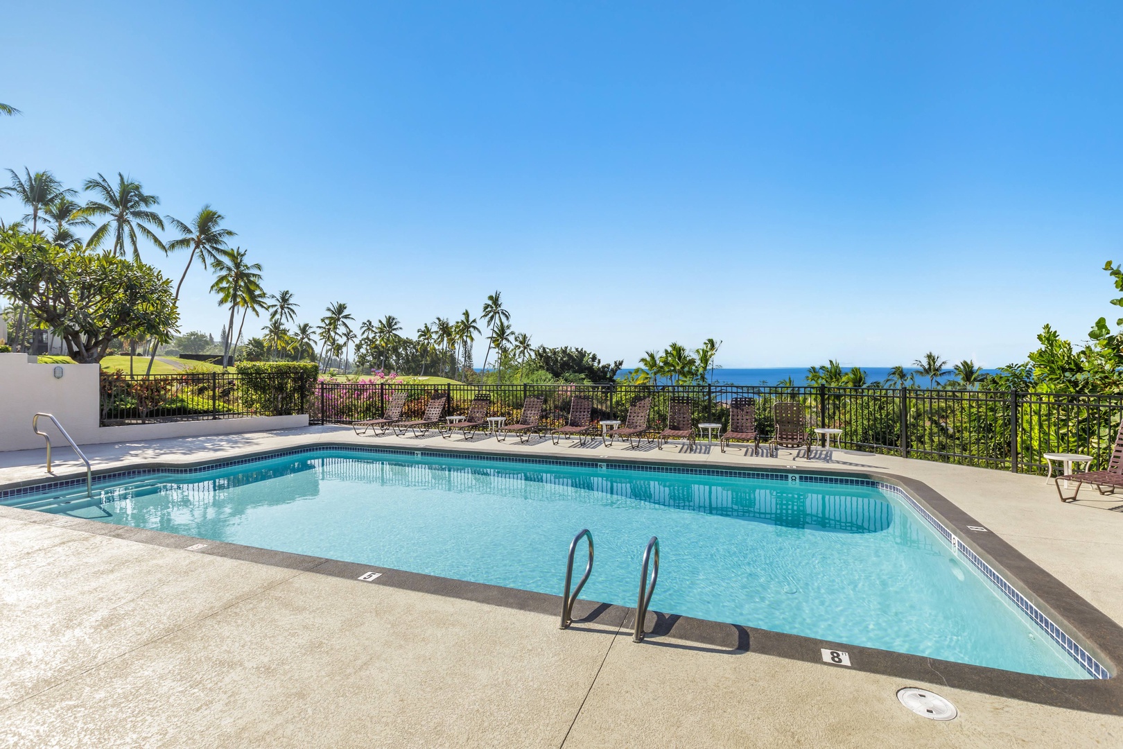 A spacious pool surrounded by tropical palms and ocean views—perfect for soaking up the sun and savoring those island breezes in between adventures.