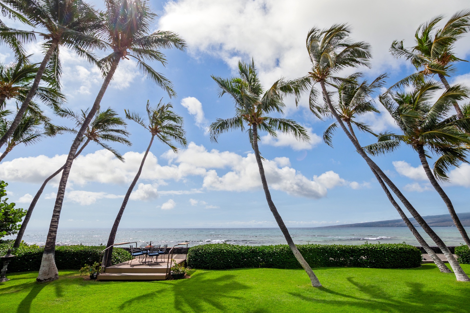 Oceanfront grounds with swaying palms, manicured lawn, and stunning sea views. A peaceful coastal setting framing the property's tropical location and access to the water.