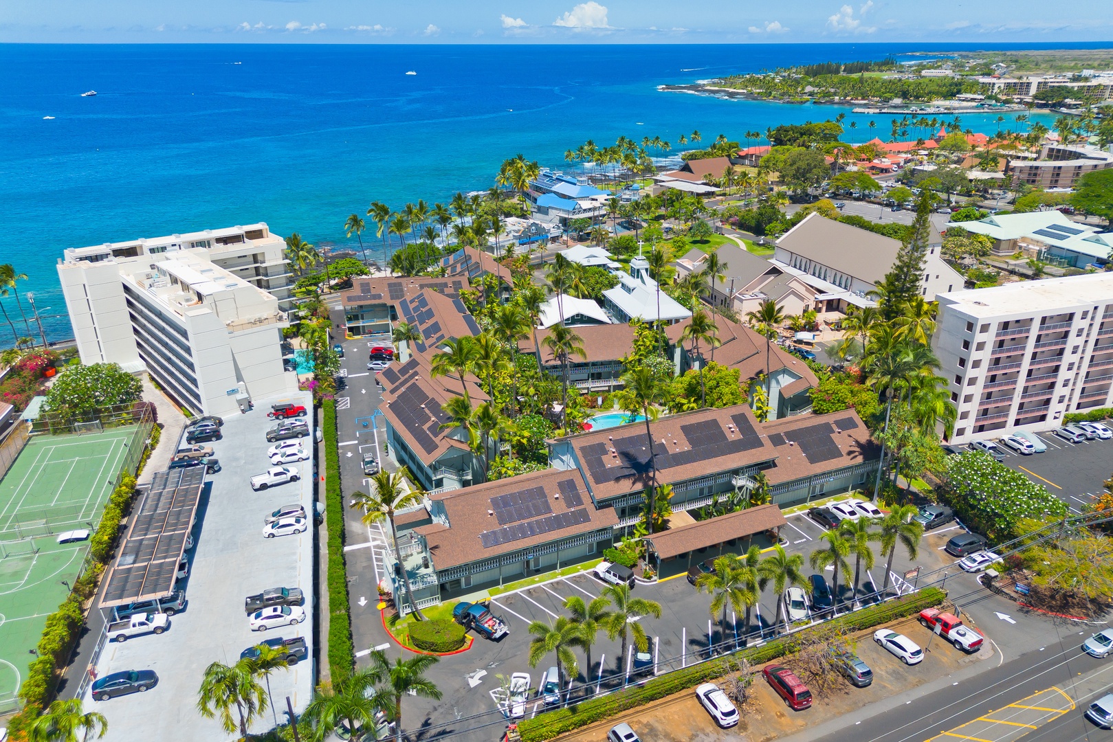 Aerial view of a tropical coastal property surrounded by palm trees, with the turquoise ocean and nearby beaches forming part of the scenic waterfront neighborhood.