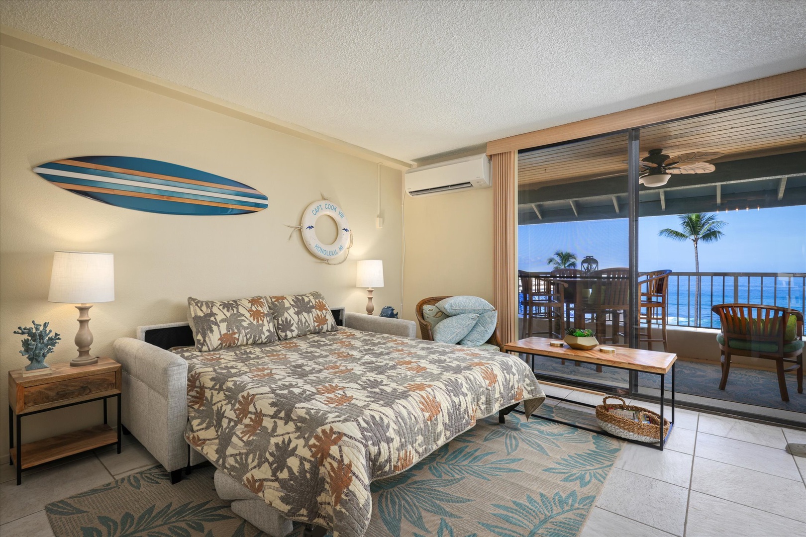 Step into your coastal sanctuary with ocean views from your bed. The private lanai invites you to wake to endless blue, while island breezes and beachy charm make every moment feel like a retreat.