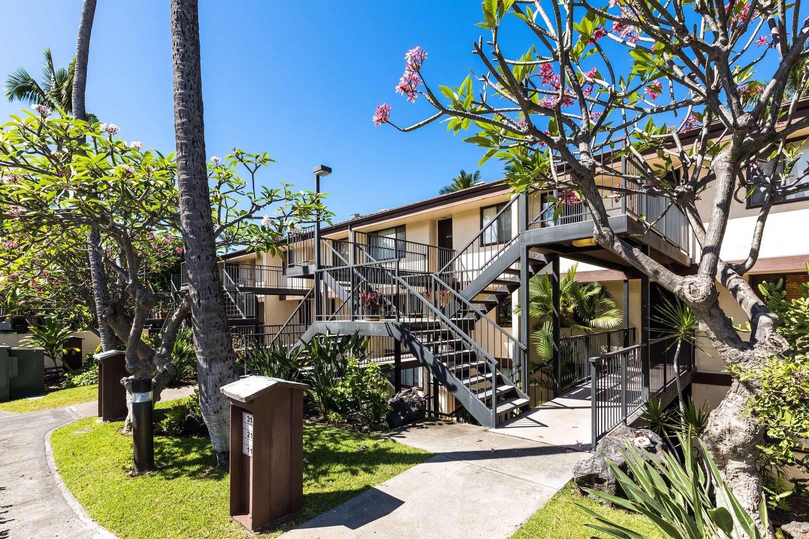 Two-story property building framed by tropical palms and flowering plumeria trees, with exterior staircases connecting guest rooms in a lush landscaped setting.