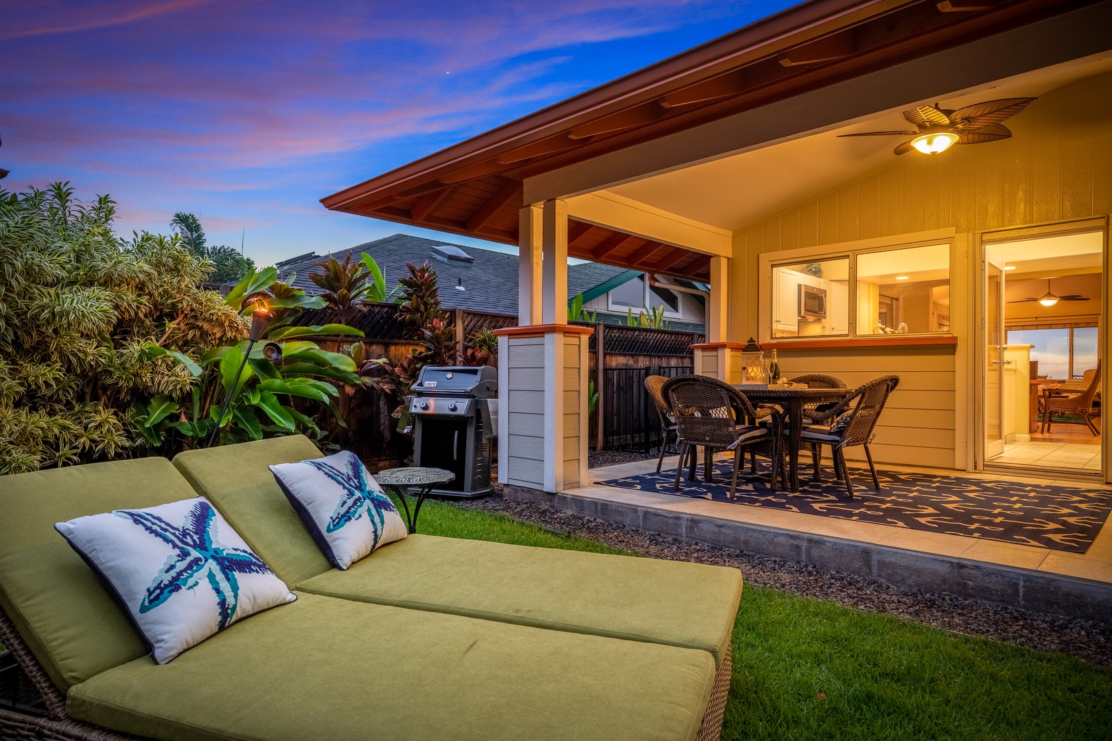 Unwind in your private outdoor lounge as the sunset paints the sky, with a BBQ grill and covered patio dining ready for your island evenings.