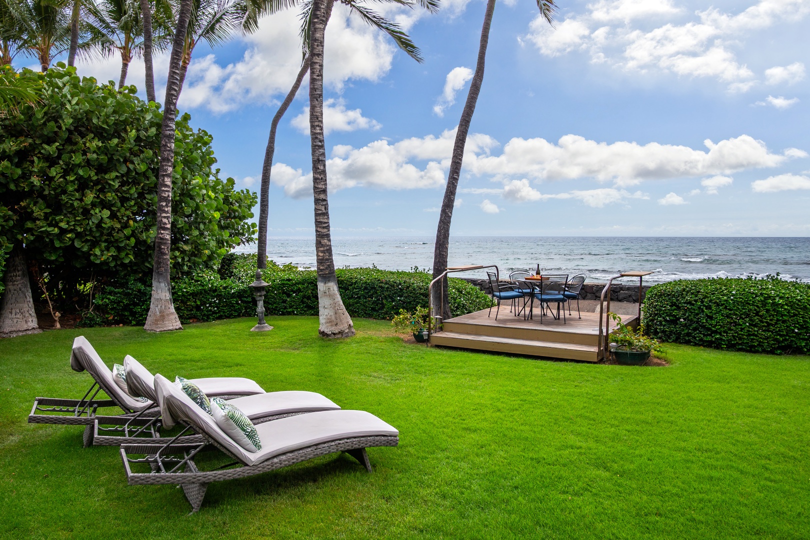 A tropical oceanfront lawn framed by swaying palms offers a peaceful escape, with lounge chairs inviting you to soak up the coastal breeze and dining space just steps from the ocean's edge.
