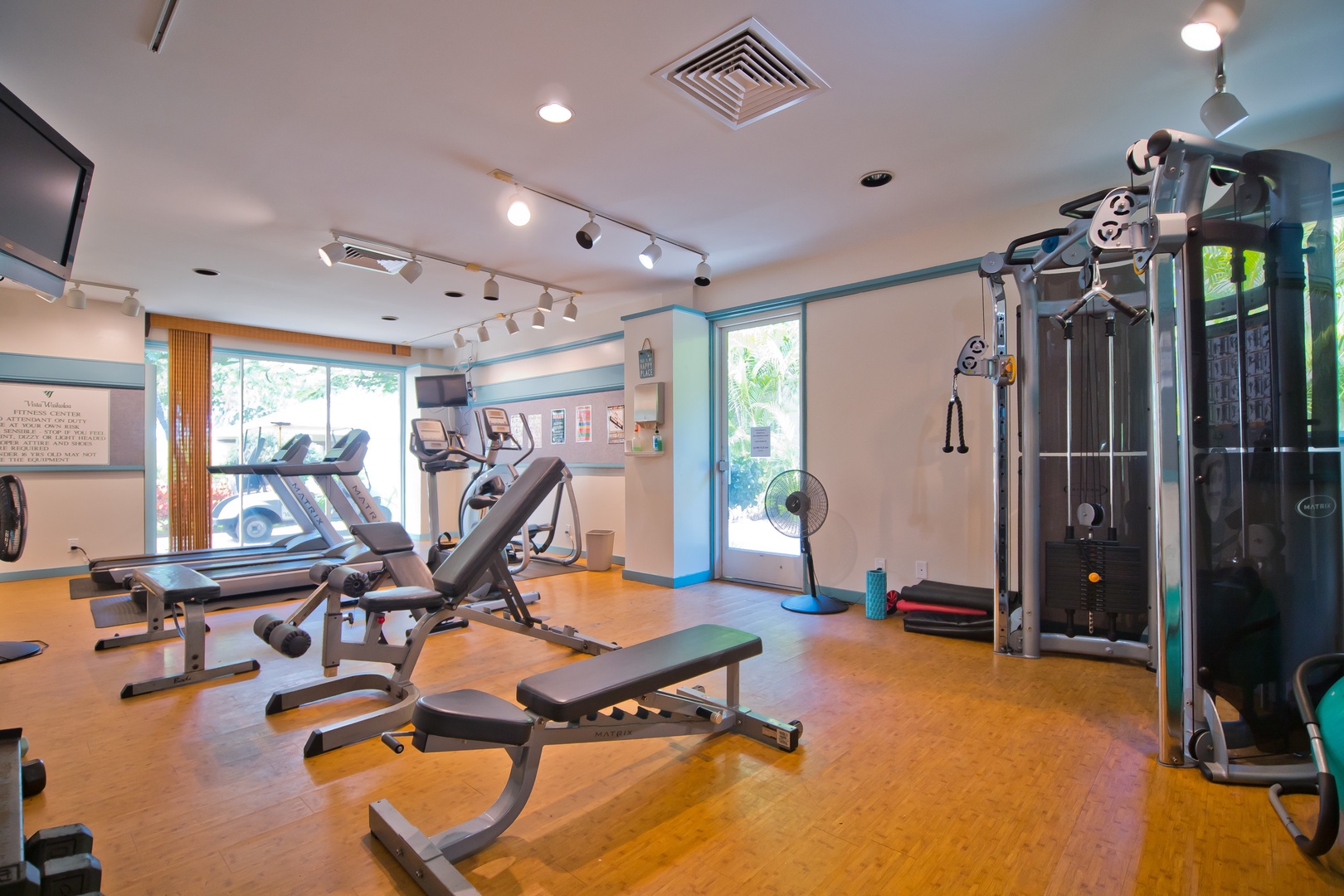 Stay active in your bright, well-equipped fitness center with treadmills, weight machines, and strength equipment—all the essentials for your workout routine.