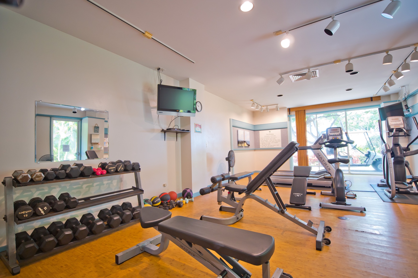 Stay energized in this bright, well-equipped fitness center featuring free weights, cardio machines, and strength-training equipment—perfect for maintaining your workout routine during your stay.