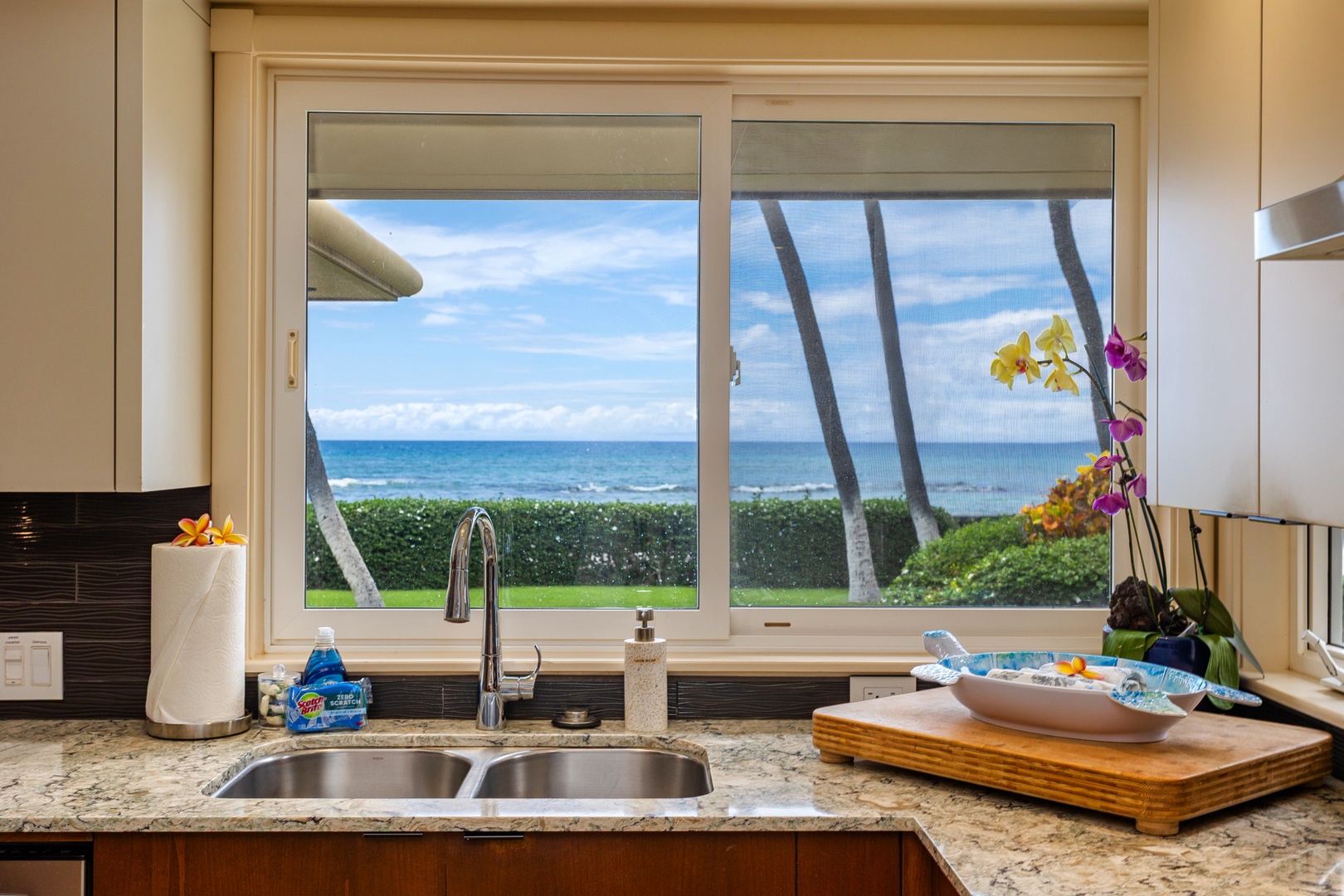From the kitchen window, watch waves roll in and palm trees sway while you prepare meals—your oceanfront view is simply stunning here.