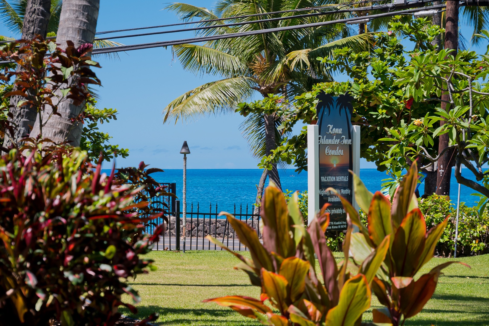 The property entrance showcases tropical foliage, palm trees, and ocean views. Lush landscaping frames a vacation rentals sign with the sea visible beyond.