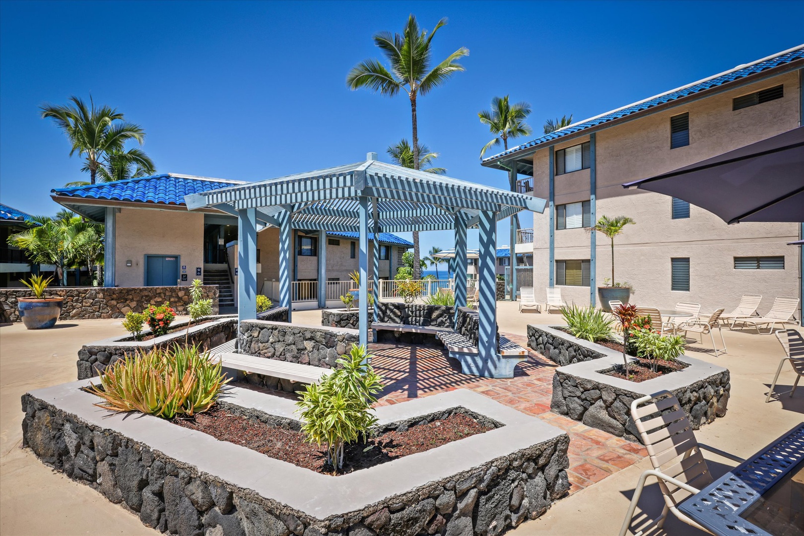 Tropical landscaping and pergola seating area at a beachside property, framed by palm trees and volcanic rock planters beneath a clear blue sky.