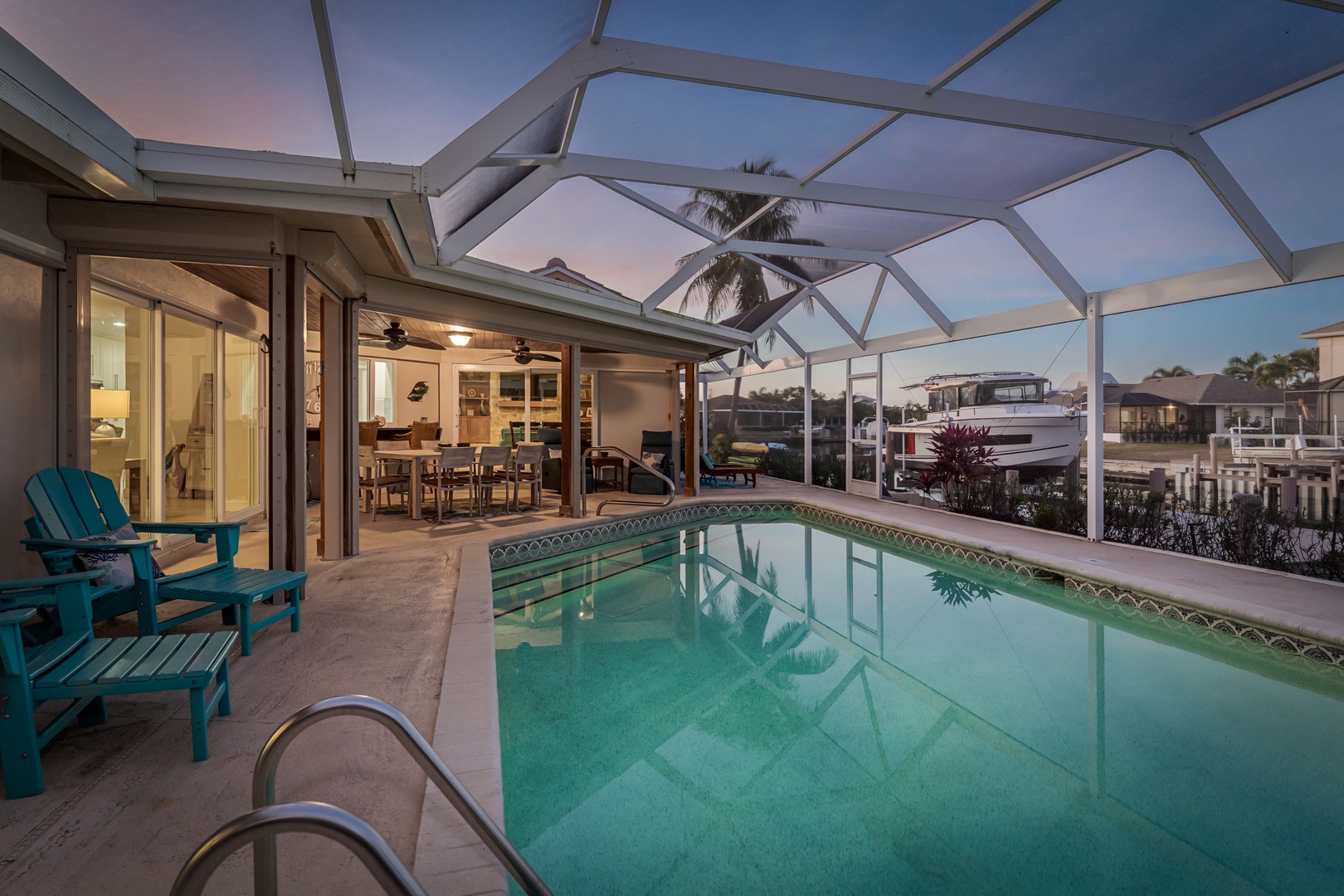 Your private screened pool area offers the perfect blend of relaxation and privacy, with elegant glass ceiling allowing natural light to filter through.