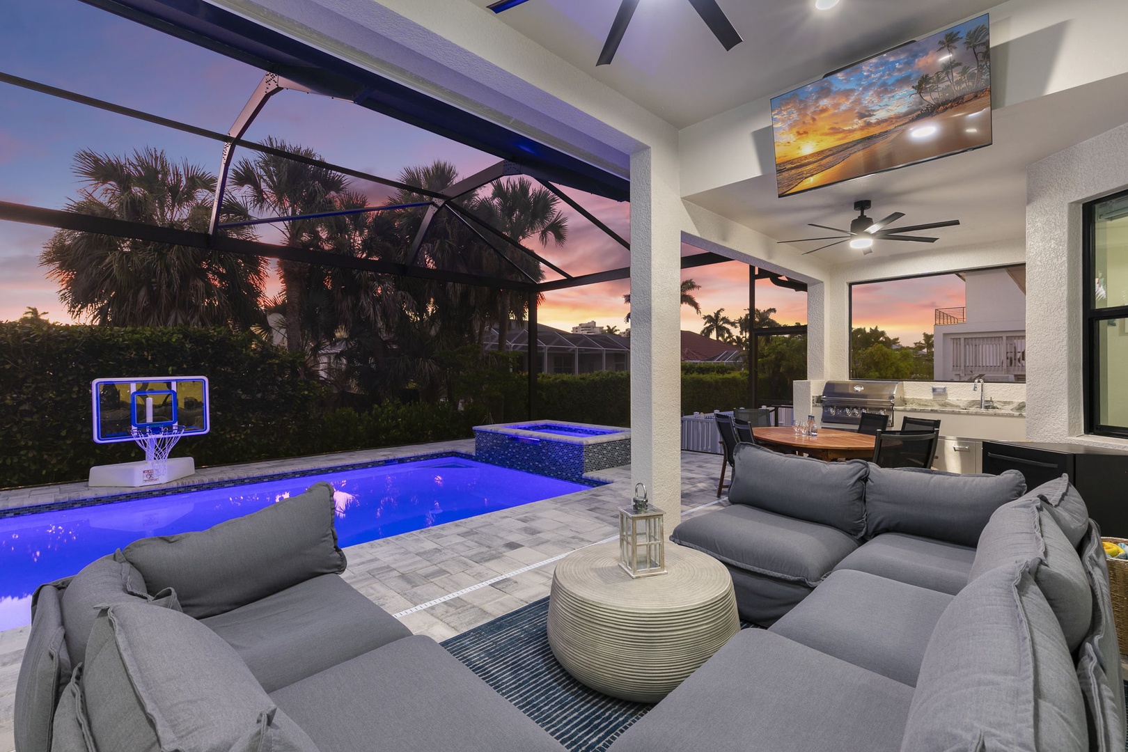 Settle into your covered patio as twilight paints the sky in soft purples and golds. Your private pool glows invitingly under the stars, perfect for evening swims after a day of adventure.