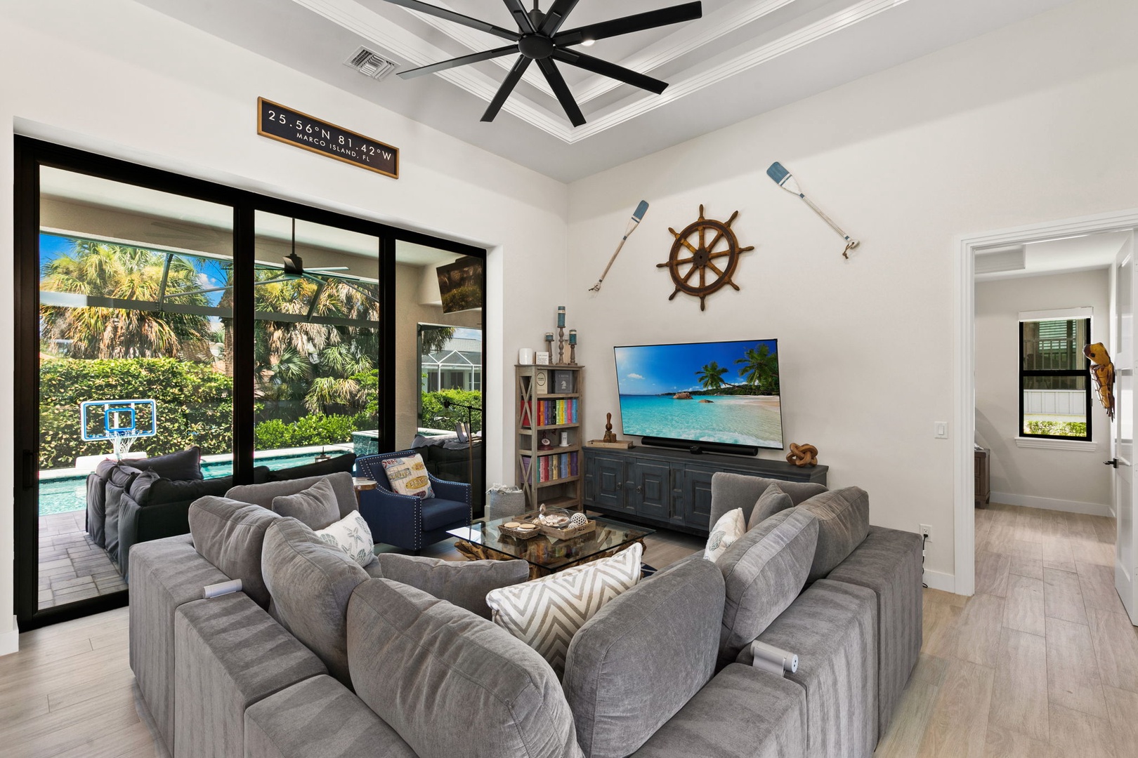 Sink into plush seating and let your worries drift away as lush palms and sparkling pool views set the perfect backdrop for your coastal escape.