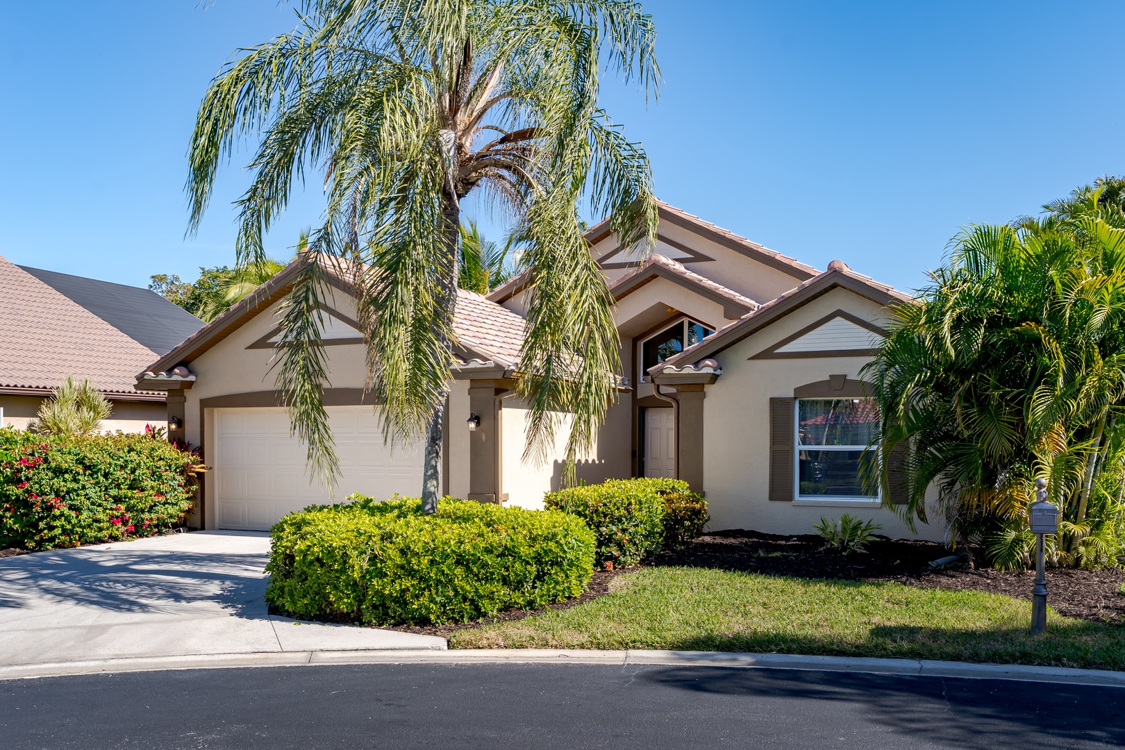 Beautiful single-story home featuring tropical landscaping with palm trees and manicured hedges in a peaceful residential neighborhood.