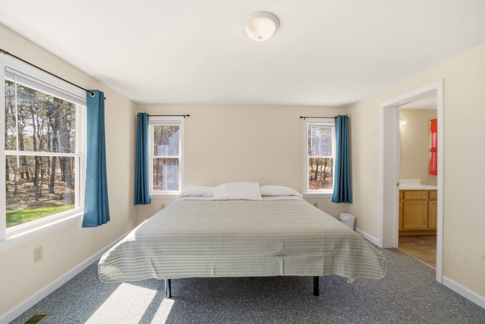 Rest peacefully in your bright bedroom with forest views and cozy blue accents creating the perfect retreat.