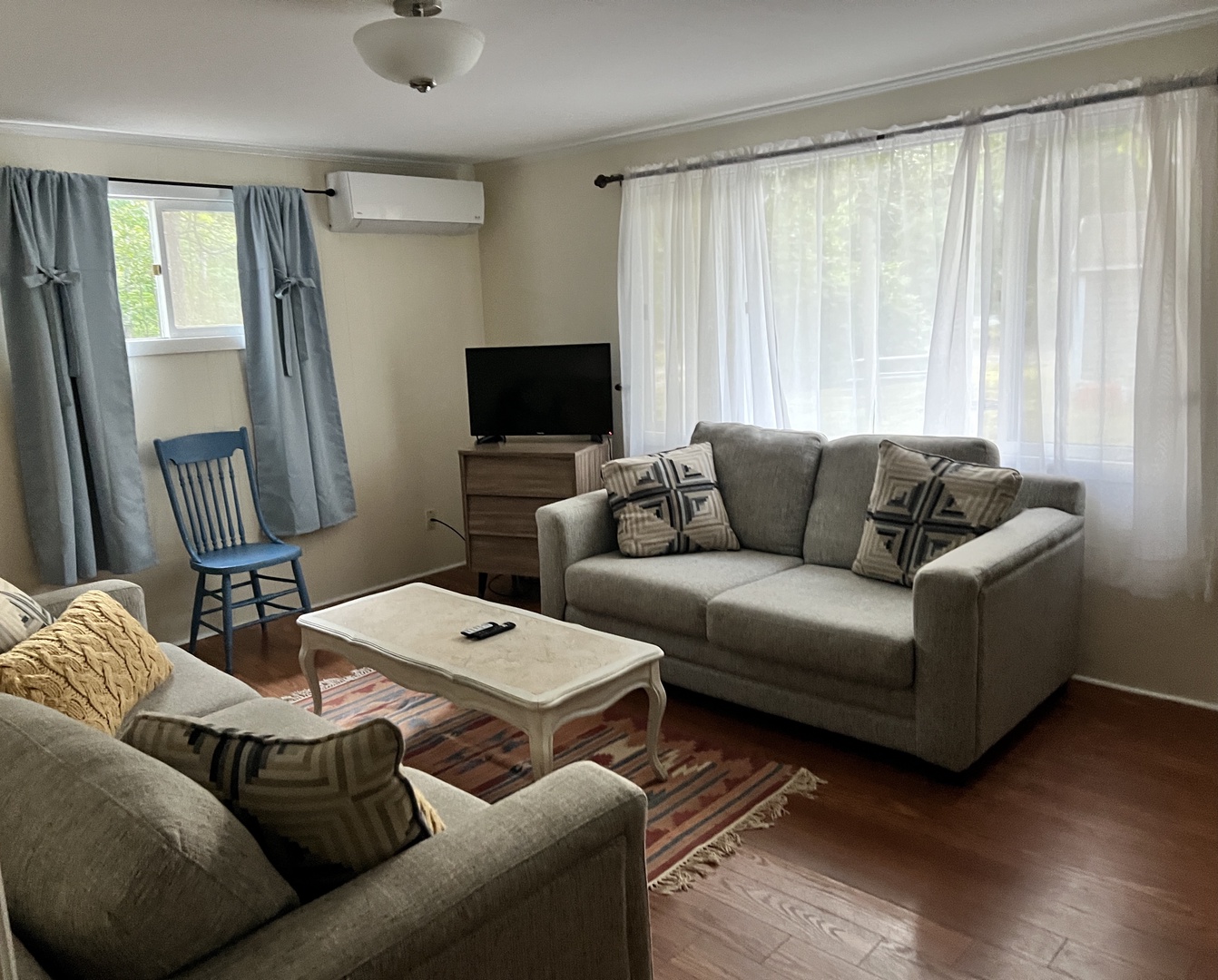 Sink into plush gray sofas and unwind in this bright, comfortable living space with modern entertainment setup.