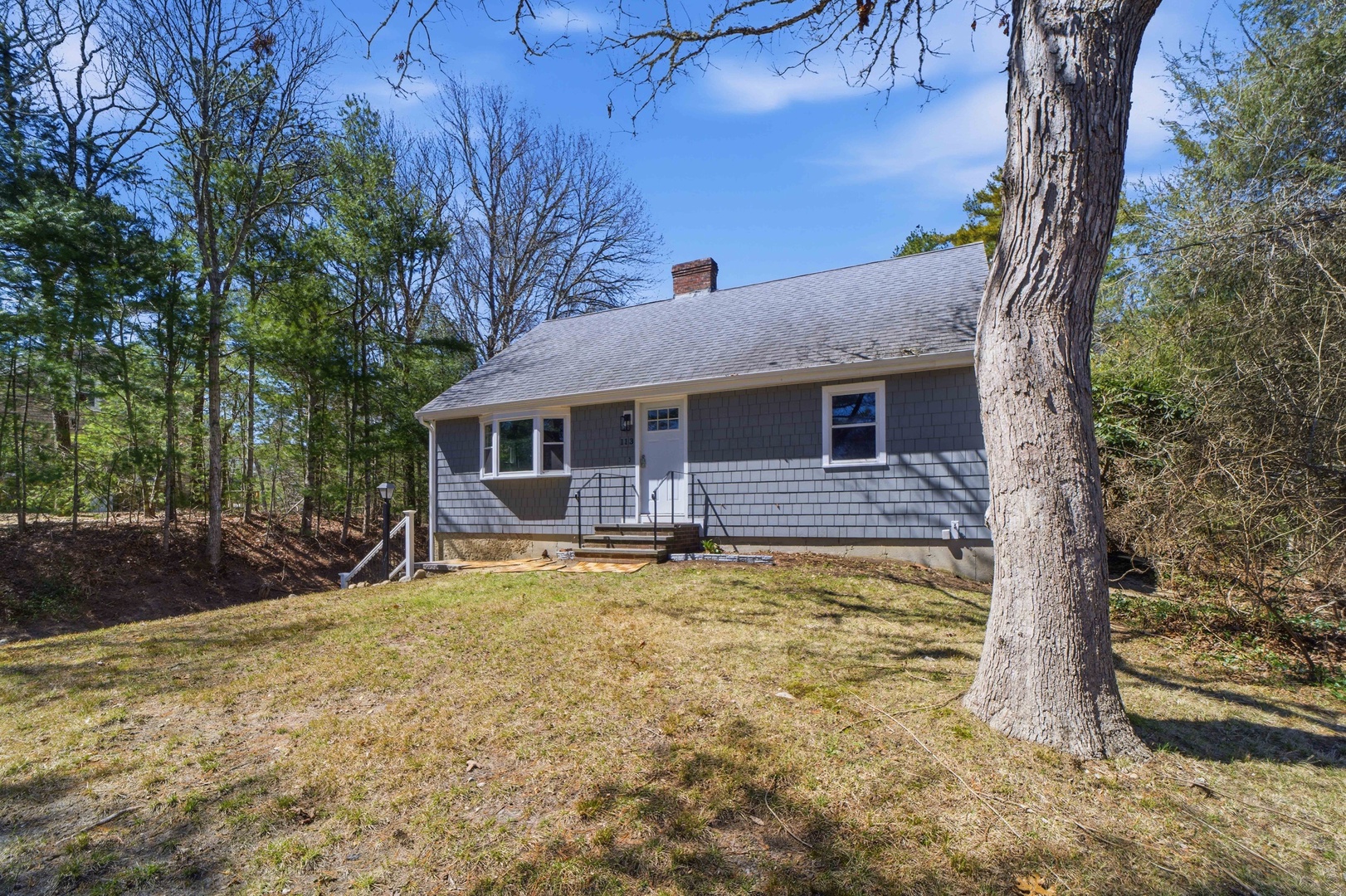 Charming Cape Cod-style home nestled among mature trees in a peaceful wooded setting.