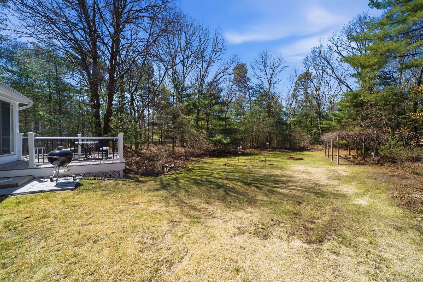 Expansive private backyard with deck, BBQ grill, and wooded surroundings offers peaceful outdoor space for relaxation and grilling.